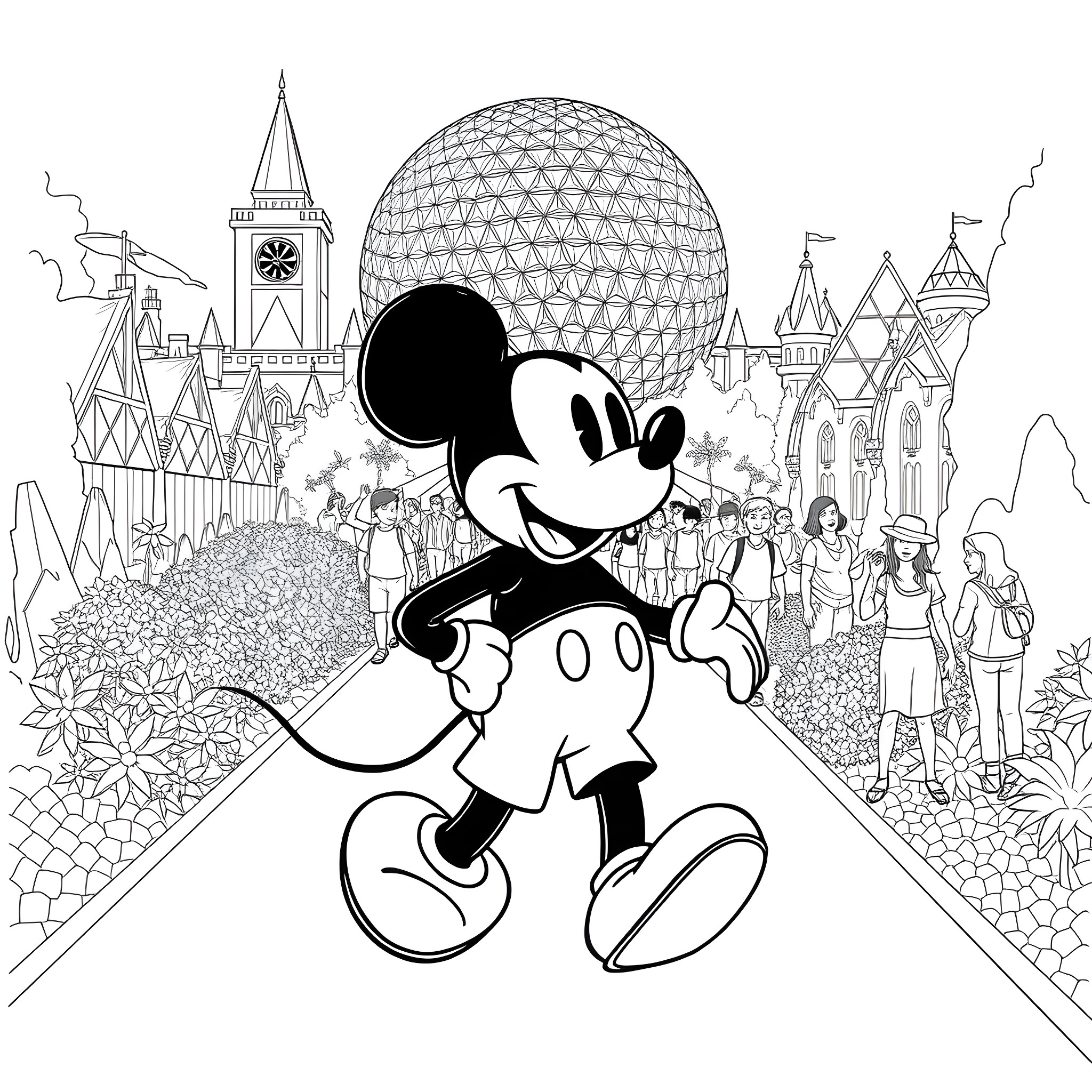 Mickey Mouse exploring the magical theme park Coloring Page (free black-and-white line drawing printable PDF for all, from beginners to advanced learners, including children, teens, adults, and seniors)
