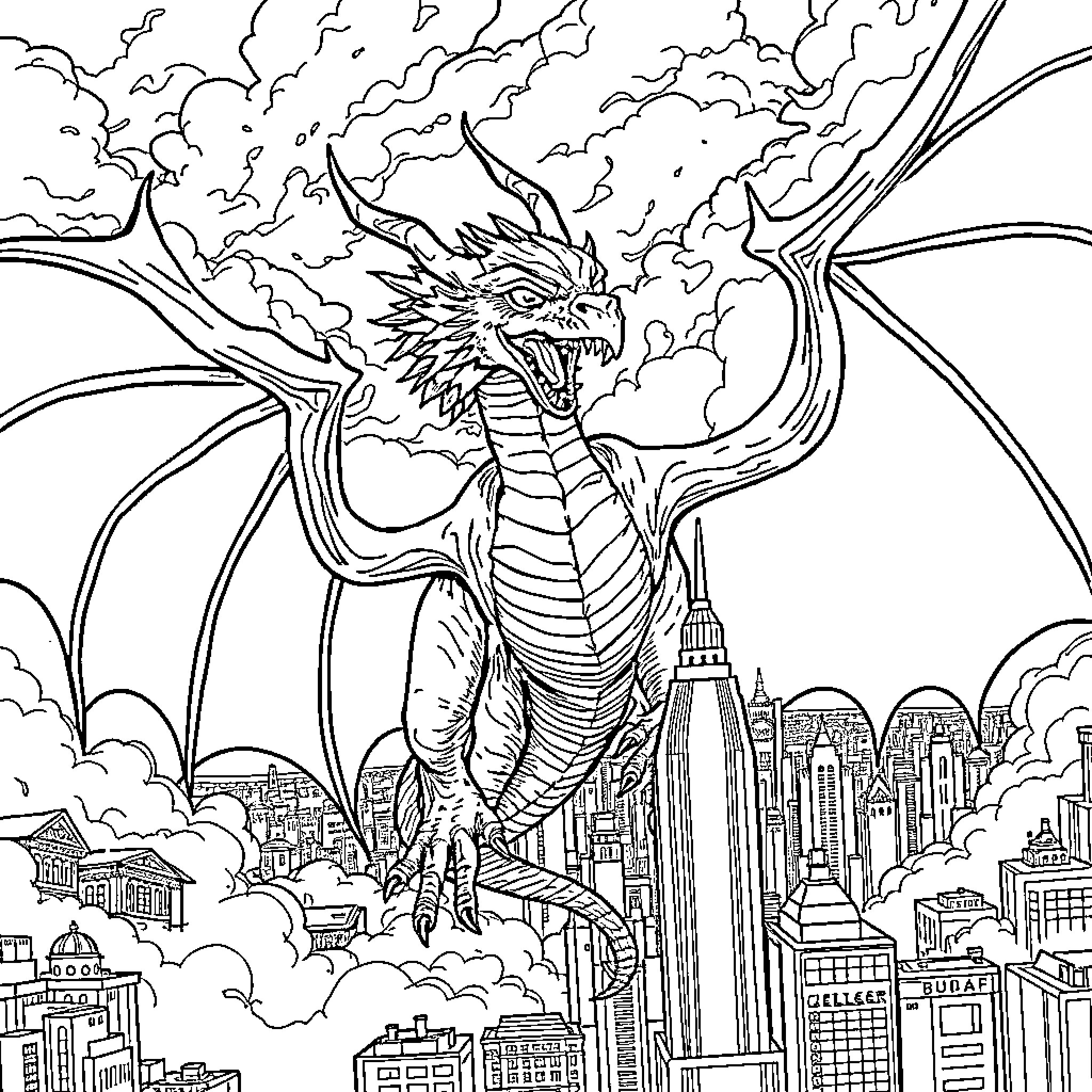 Dragon Soaring Over Cityscape in Clouds Coloring Page (free black-and-white line drawing printable PDF for all, from beginners to advanced learners, including children, teens, adults, and seniors)