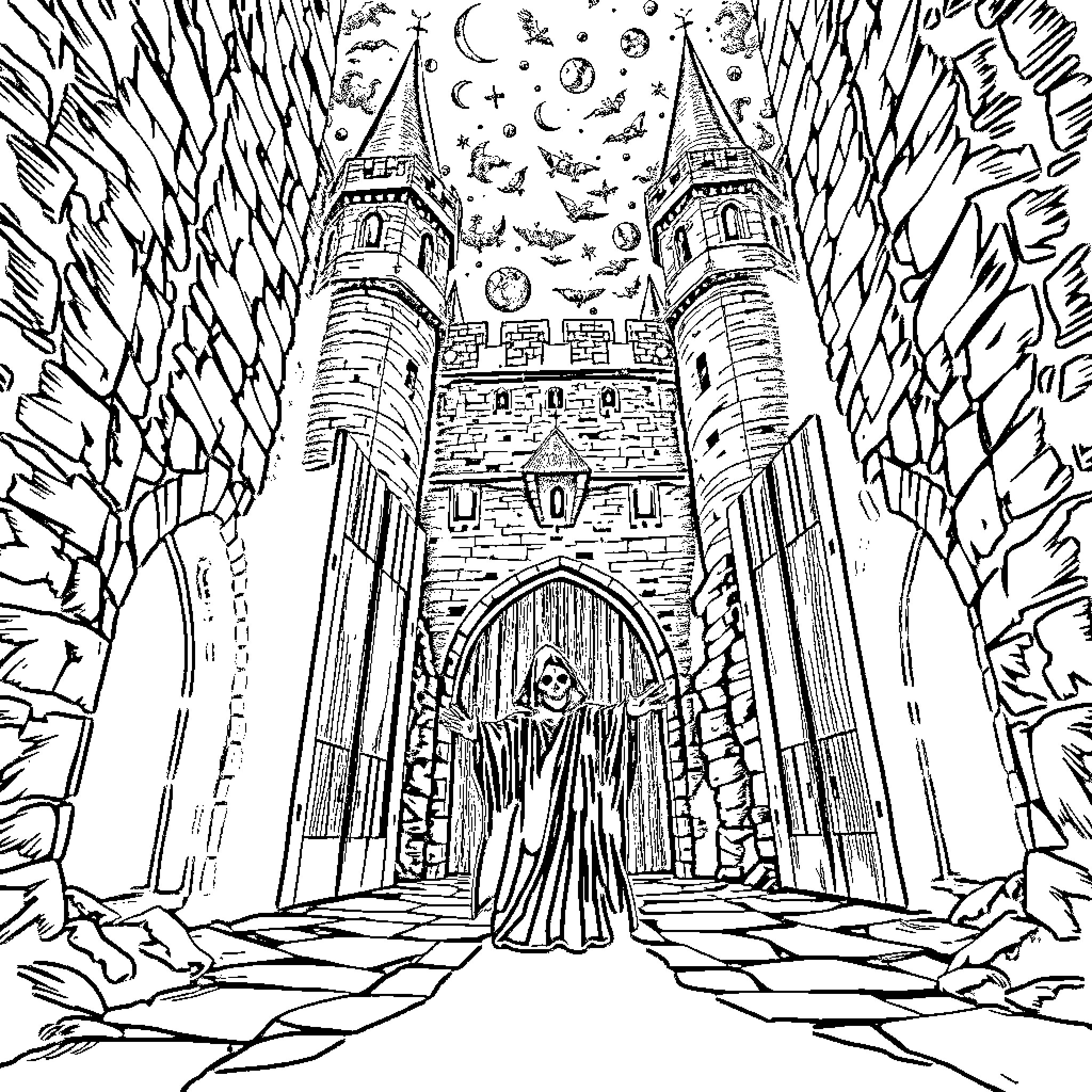 Vampire Castles under Starry Skies Coloring Page (free black-and-white line drawing printable PDF for all, from beginners to advanced learners, including children, teens, adults, and seniors)