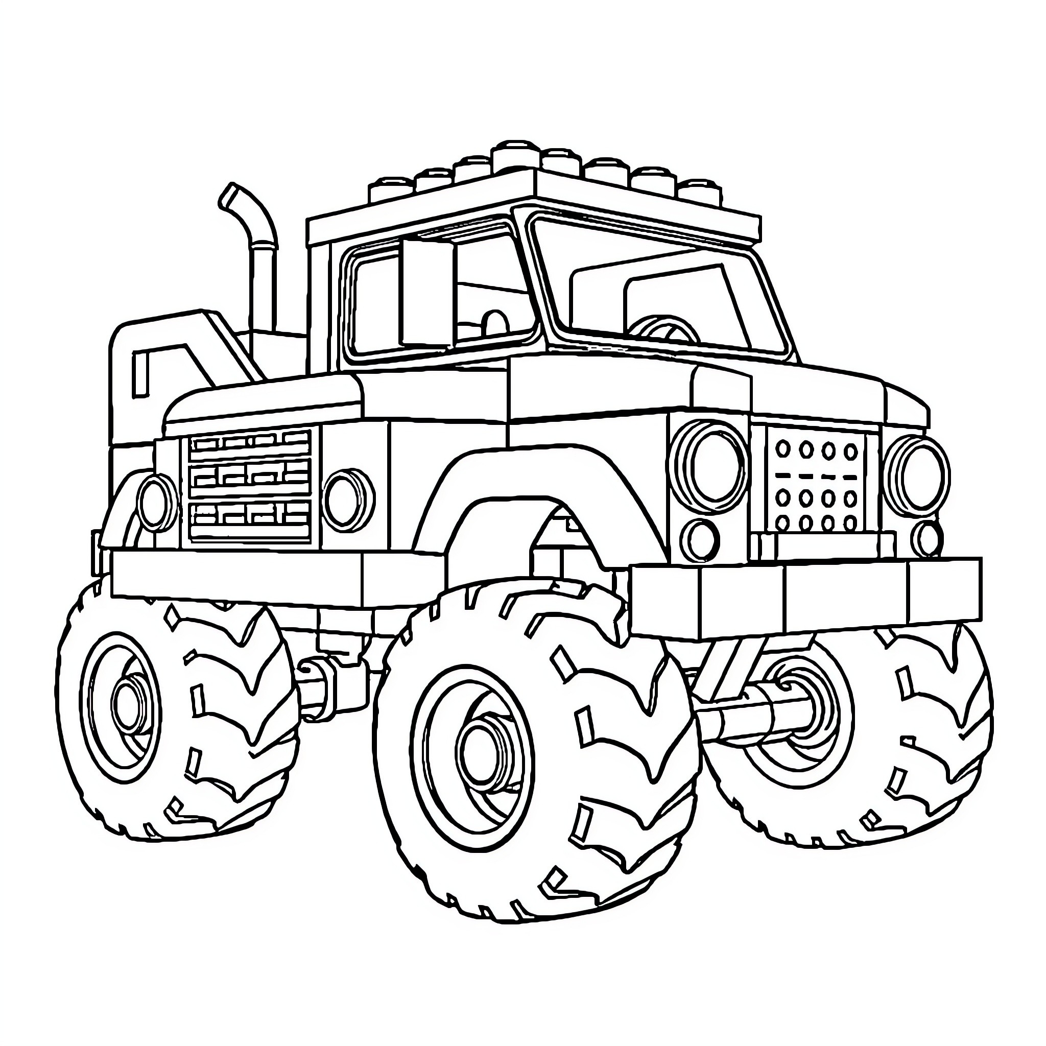 Truck with oversized wheels in black and white Coloring Page (free black-and-white line drawing printable PDF for all, from beginners to advanced learners, including children, teens, adults, and seniors)