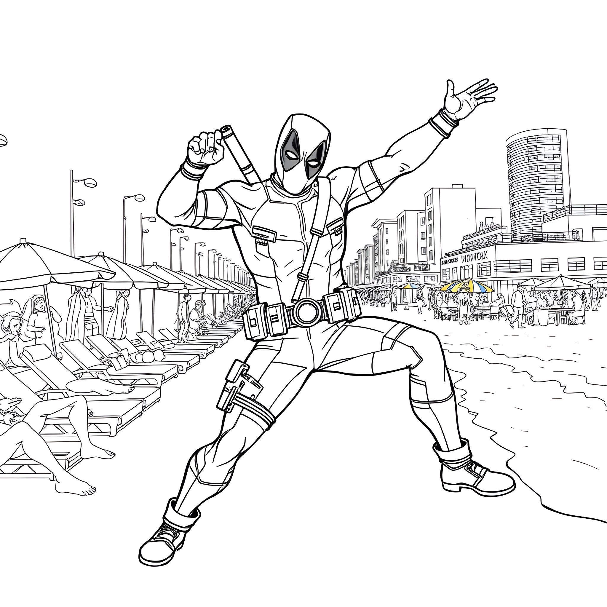 Deadpool in action on the urban streets Coloring Page (free black-and-white line drawing printable PDF for all, from beginners to advanced learners, including children, teens, adults, and seniors)