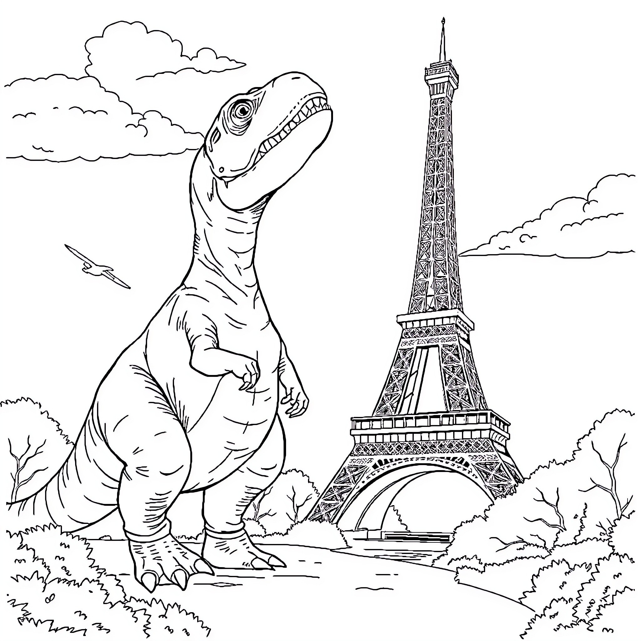 Dinosaur visiting the Eiffel Tower in Paris Coloring Page (free black-and-white line drawing printable PDF for all, from beginners to advanced learners, including children, teens, adults, and seniors)