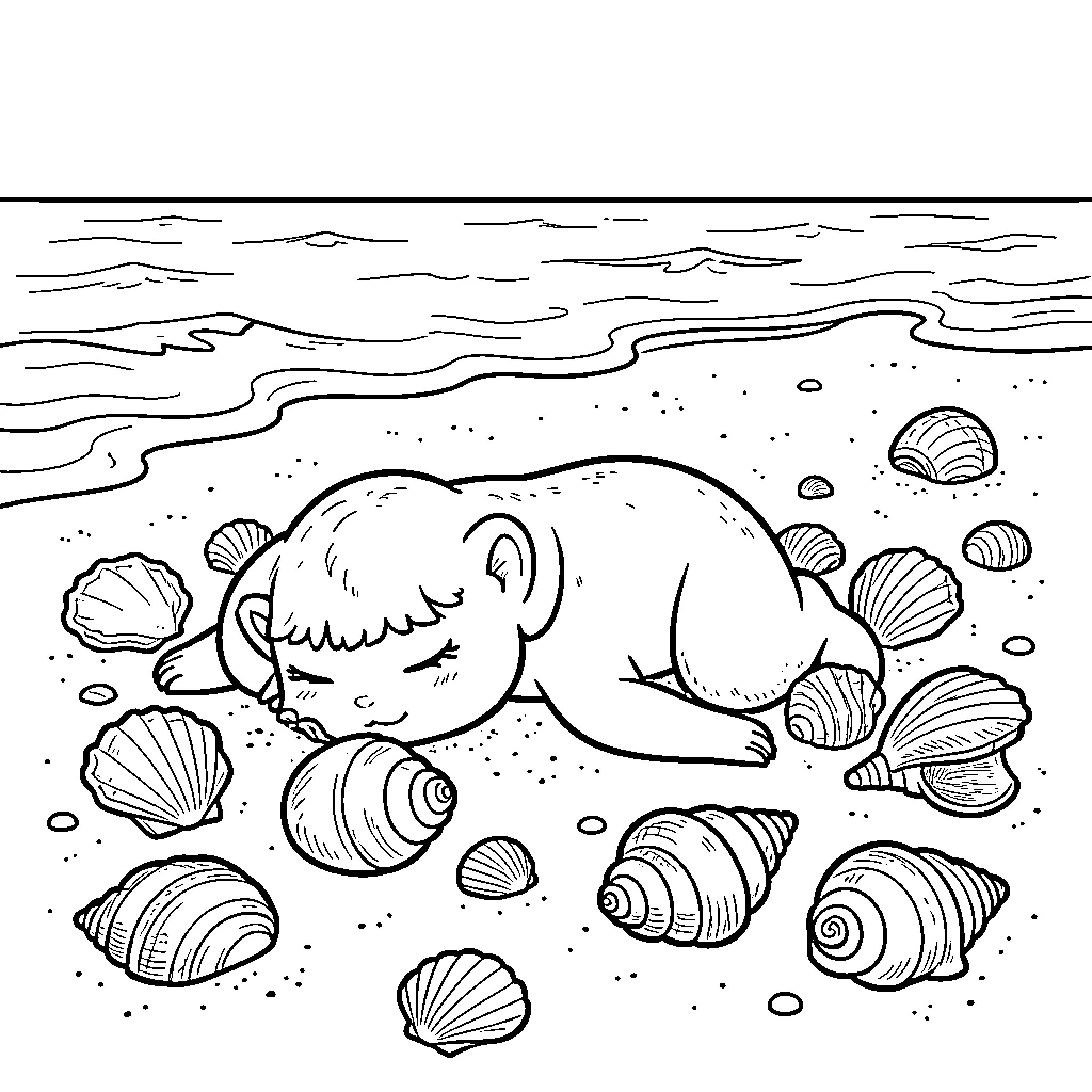 Aquali sleeping peacefully on a sandy beach with shells Coloring Page (free black-and-white line drawing printable PDF for all, from beginners to advanced learners, including children, teens, adults, and seniors)