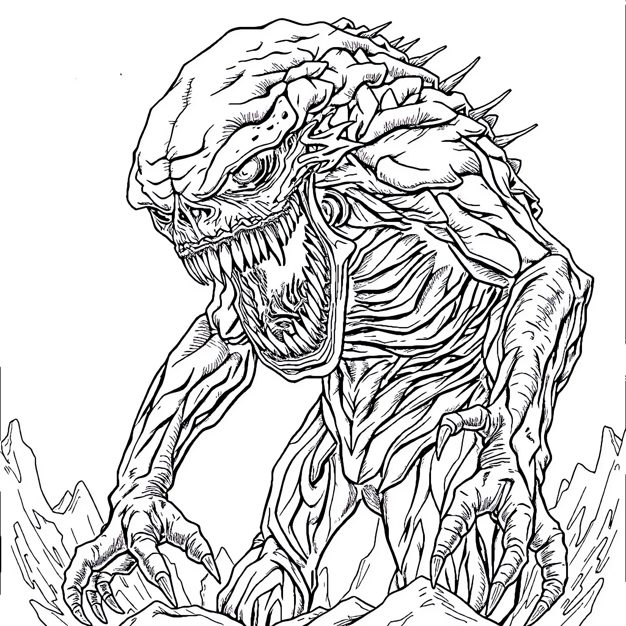 Monster Unleashing Terrifying Roar Coloring Page (free black-and-white line drawing printable PDF for all, from beginners to advanced learners, including children, teens, adults, and seniors)