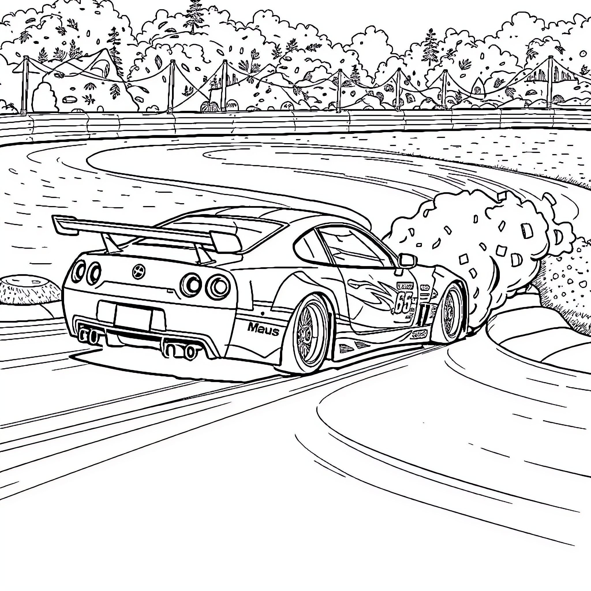 Drift Car racing on winding road through forest Coloring Page (free black-and-white line drawing printable PDF for all, from beginners to advanced learners, including children, teens, adults, and seniors)