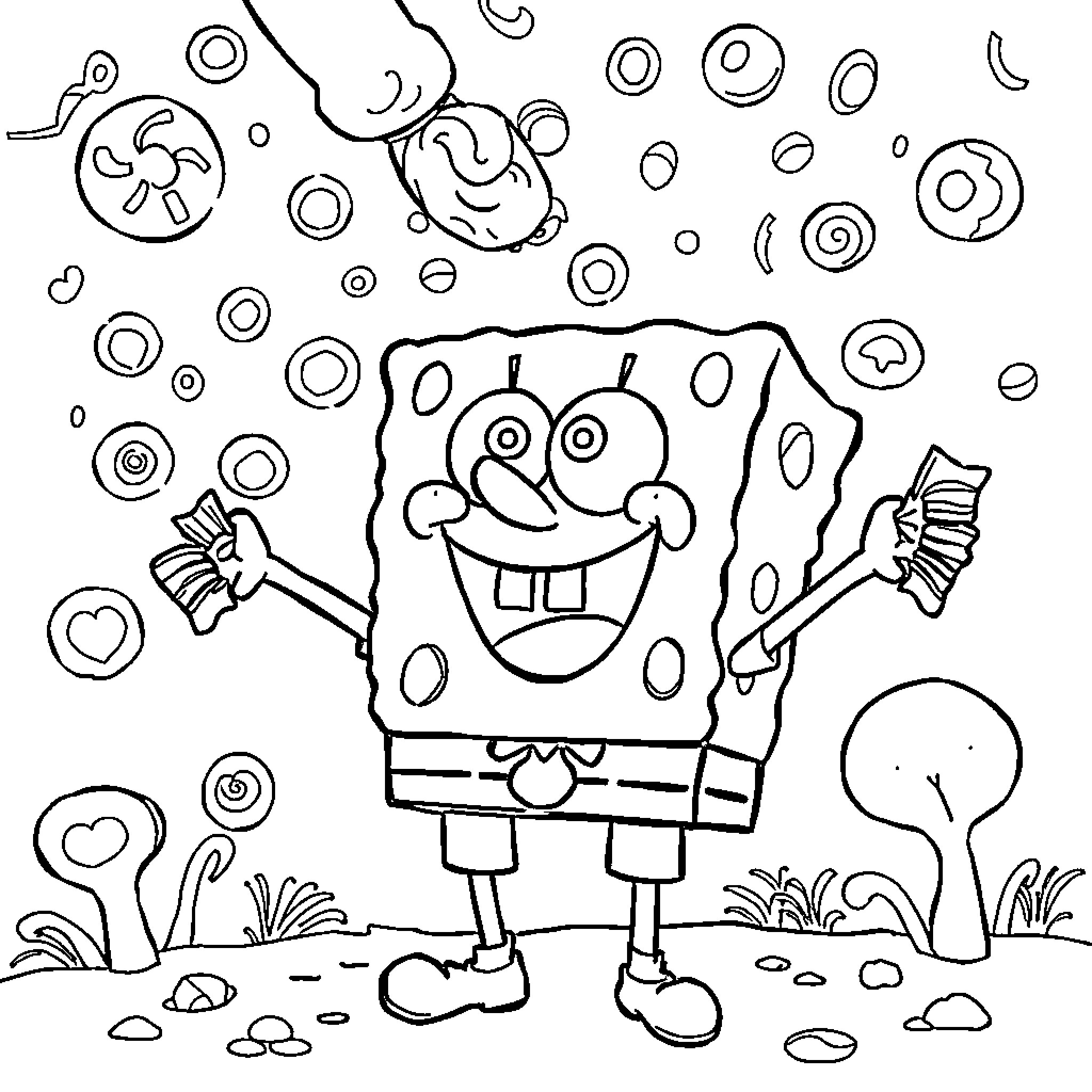Spongebob enjoying a fun and whimsical day Coloring Page (free black-and-white line drawing printable PDF for all, from beginners to advanced learners, including children, teens, adults, and seniors)