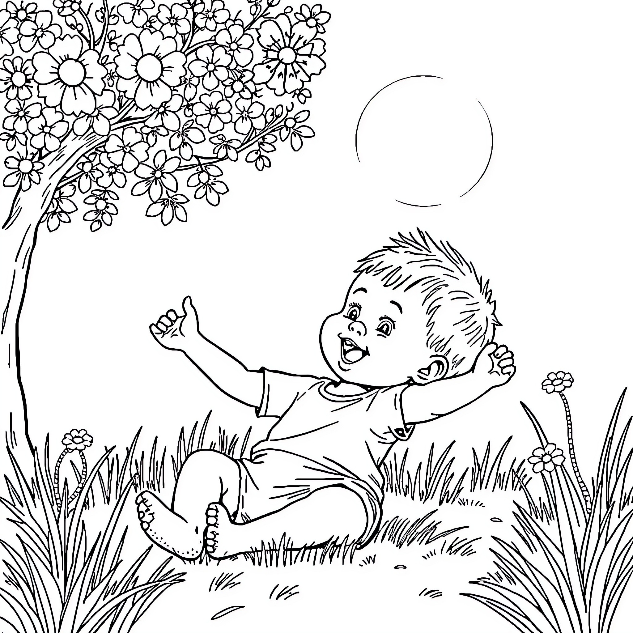 Baby Boy Playing Happily in the Blooming Garden Coloring Page (free black-and-white line drawing printable PDF for all, from beginners to advanced learners, including children, teens, adults, and seniors)