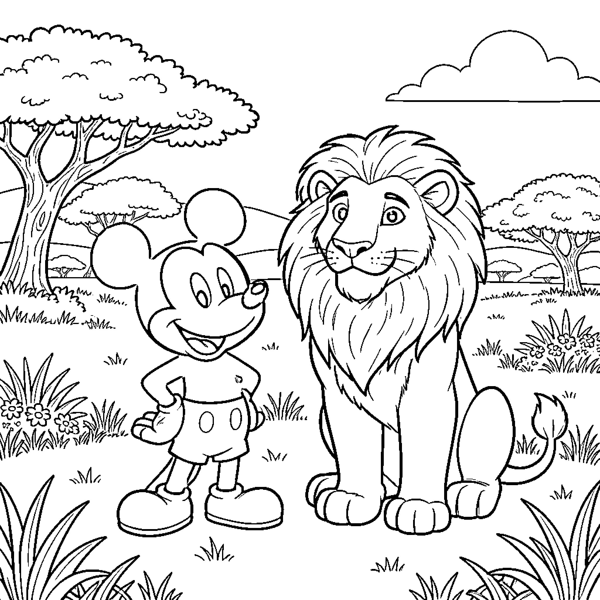 Mickey and the Lion in the Savanna Coloring Page (free black-and-white line drawing printable PDF for all, from beginners to advanced learners, including children, teens, adults, and seniors)