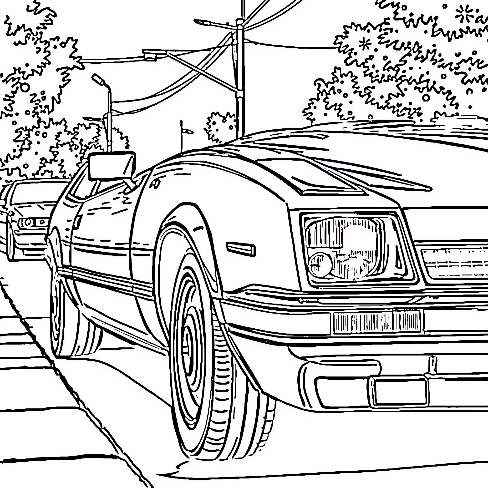 Chevette in a stylized urban landscape Coloring Page (free black-and-white line drawing printable PDF for all, from beginners to advanced learners, including children, teens, adults, and seniors)