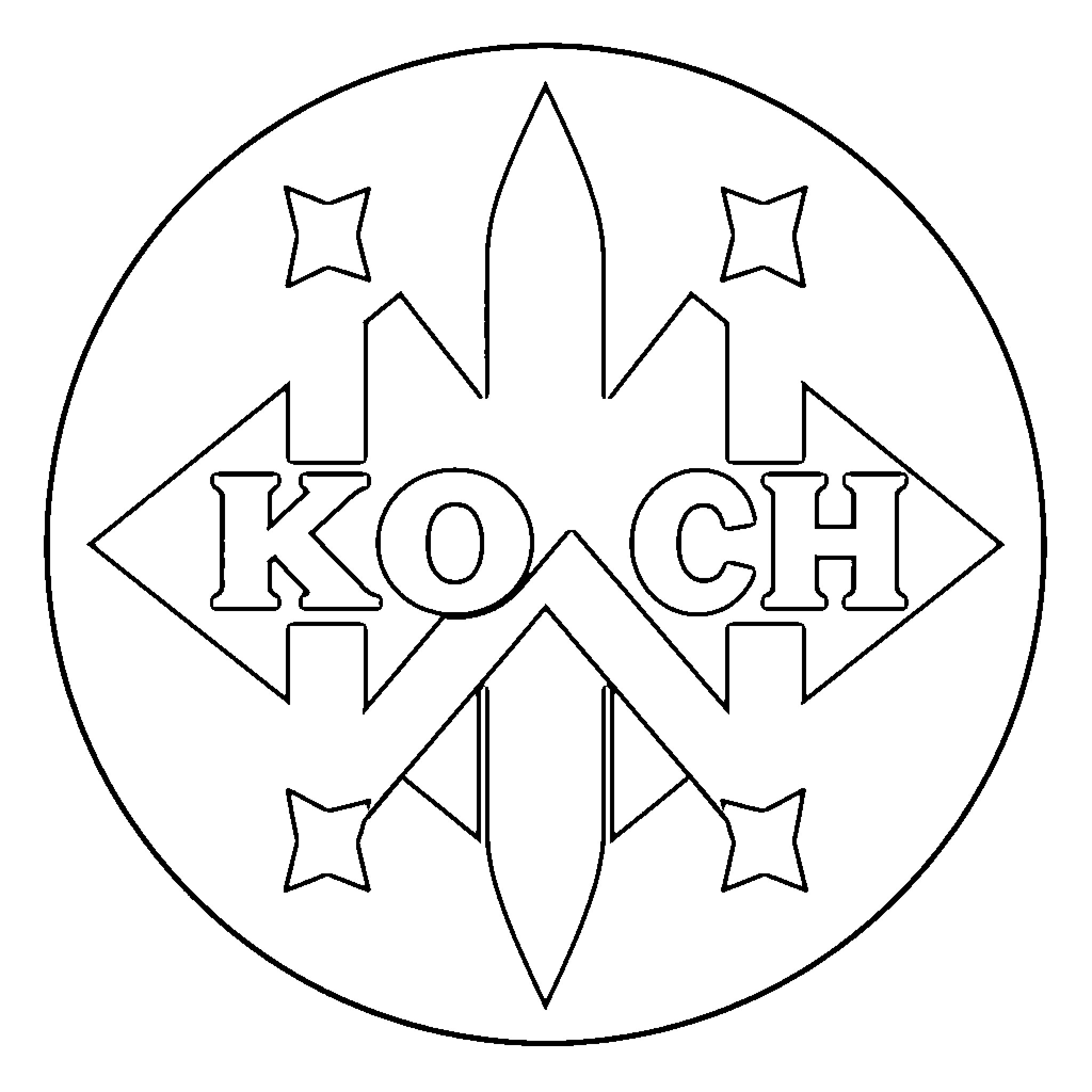 Koch logo with star symbols Coloring Page (free black-and-white line drawing printable PDF for all, from beginners to advanced learners, including children, teens, adults, and seniors)