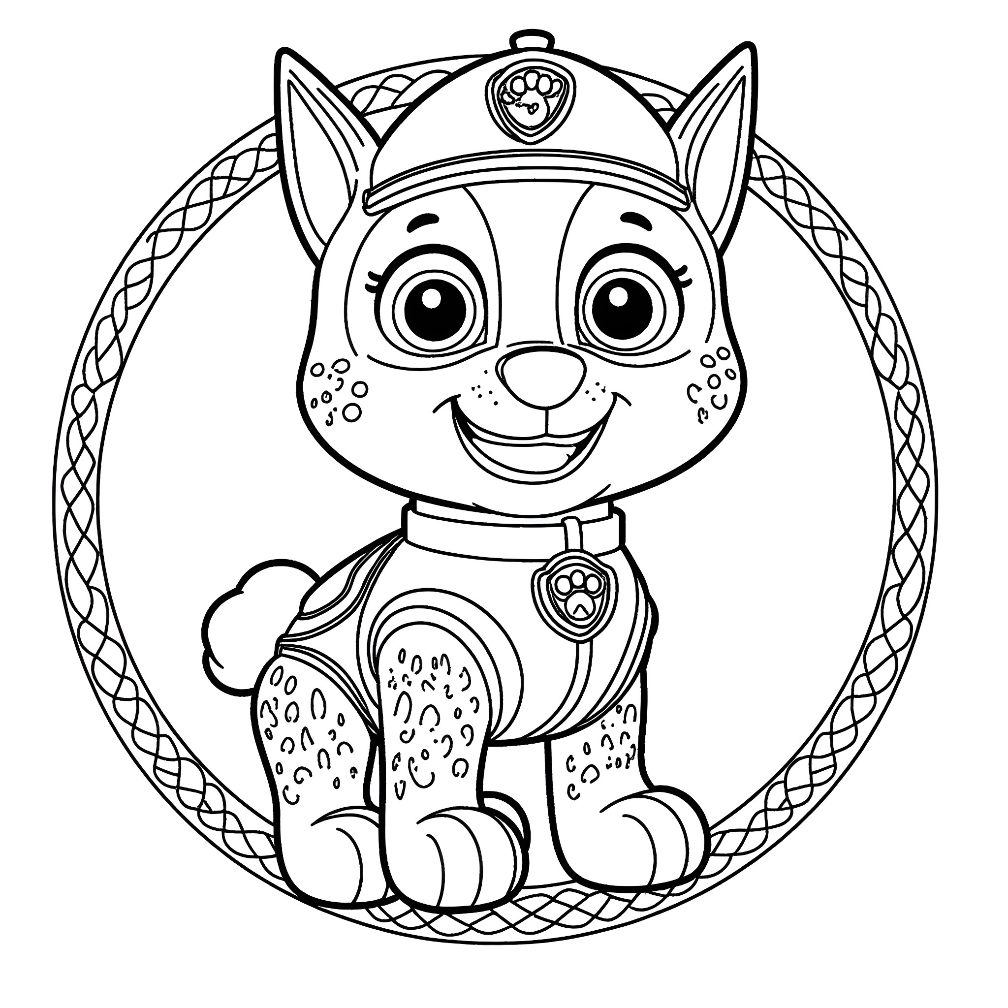 Paw Patrol character in a decorative frame Coloring Page (free black-and-white line drawing printable PDF for all, from beginners to advanced learners, including children, teens, adults, and seniors)