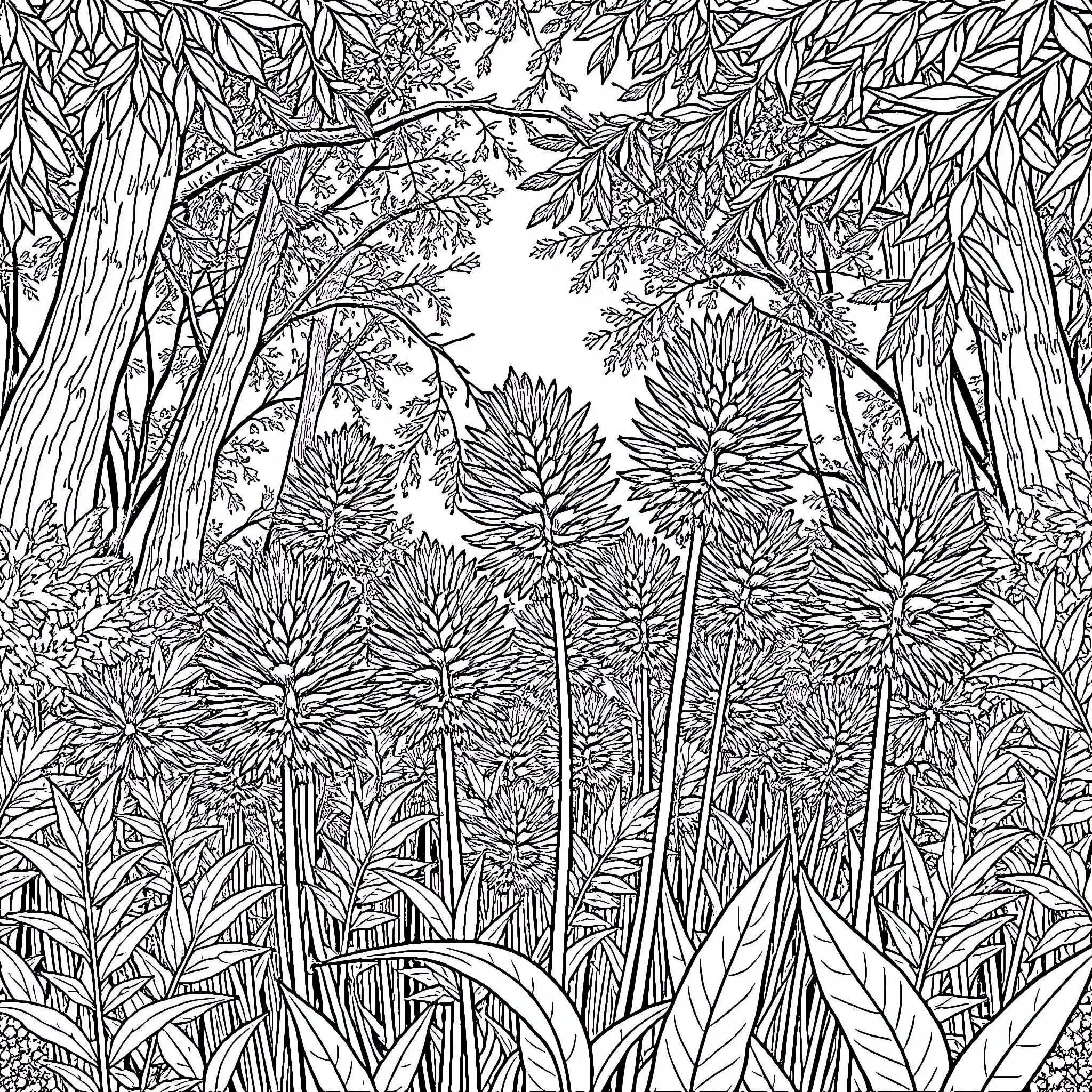 Wattle Foliage and Flowers in Woodland Scene Coloring Page (free black-and-white line drawing printable PDF for all, from beginners to advanced learners, including children, teens, adults, and seniors)