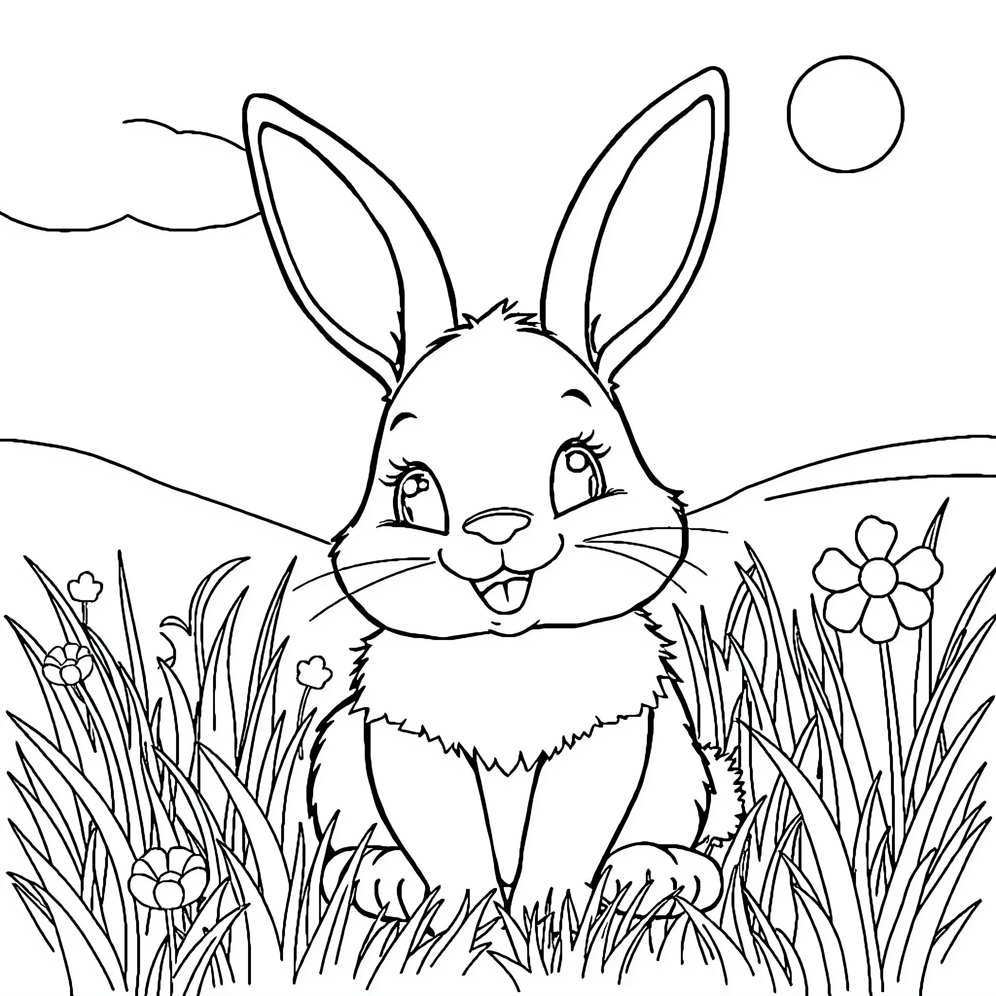 Bunny sitting happily in the meadow Coloring Page (free black-and-white line drawing printable PDF for all, from beginners to advanced learners, including children, teens, adults, and seniors)