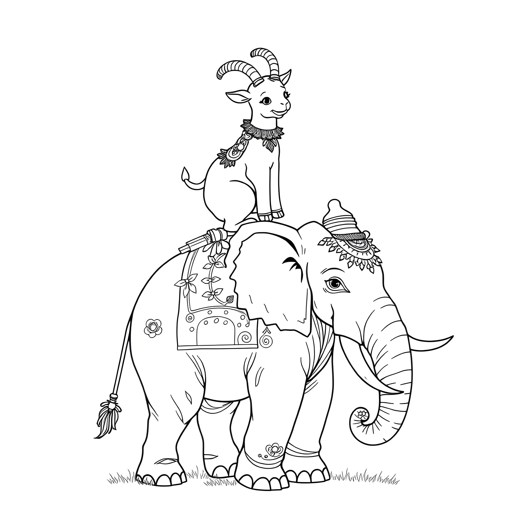 Goat riding on a decorated elephant Coloring Page (free black-and-white line drawing printable PDF for all, from beginners to advanced learners, including children, teens, adults, and seniors)