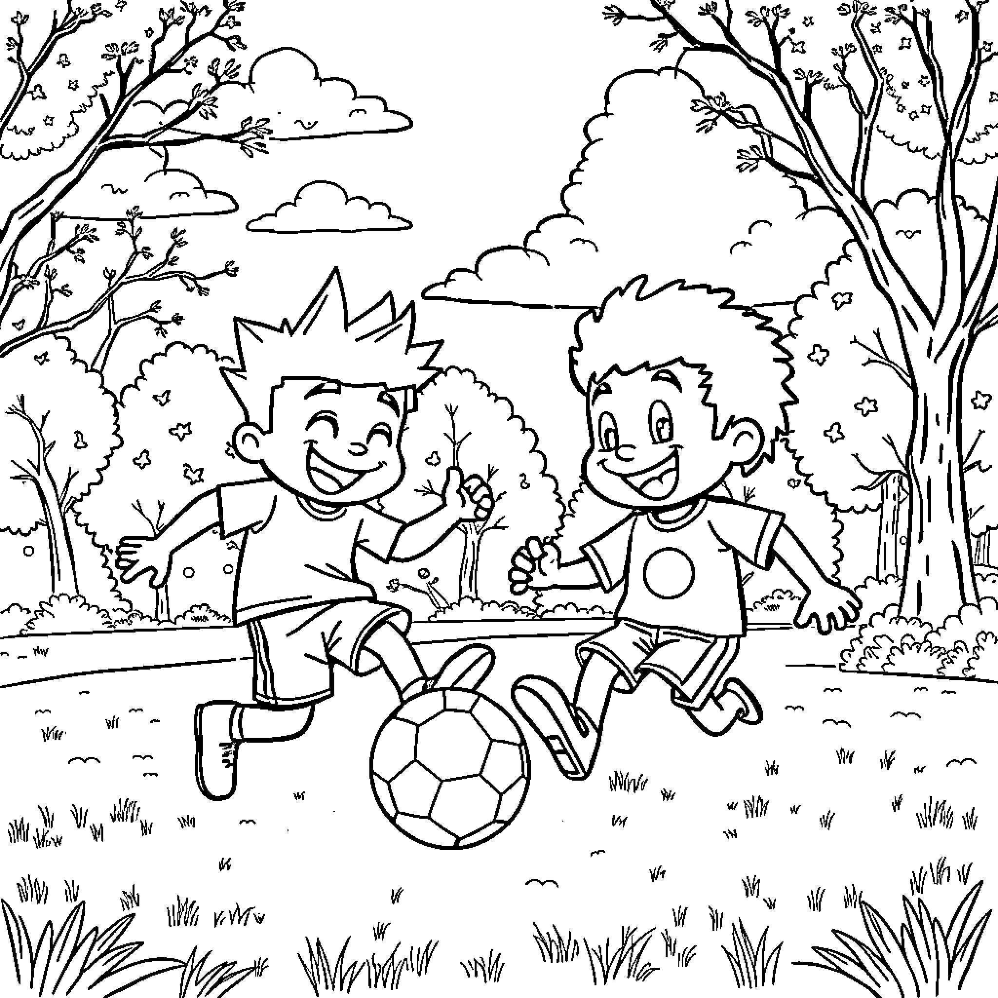 Bing Two kids playing soccer in the park Coloring Page (free black-and-white line drawing printable PDF for all, from beginners to advanced learners, including children, teens, adults, and seniors)