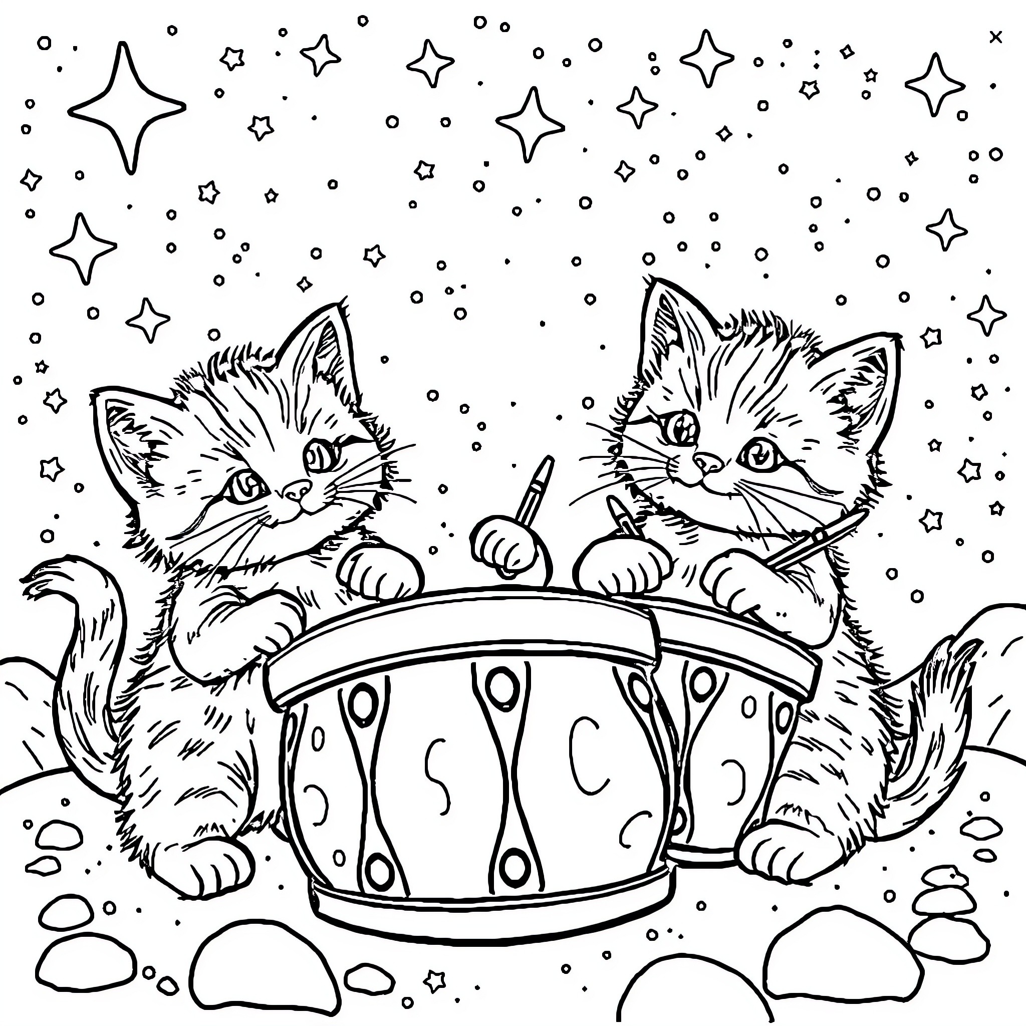 Kittens Playing in Starry Night Coloring Page (free black-and-white line drawing printable PDF for all, from beginners to advanced learners, including children, teens, adults, and seniors)