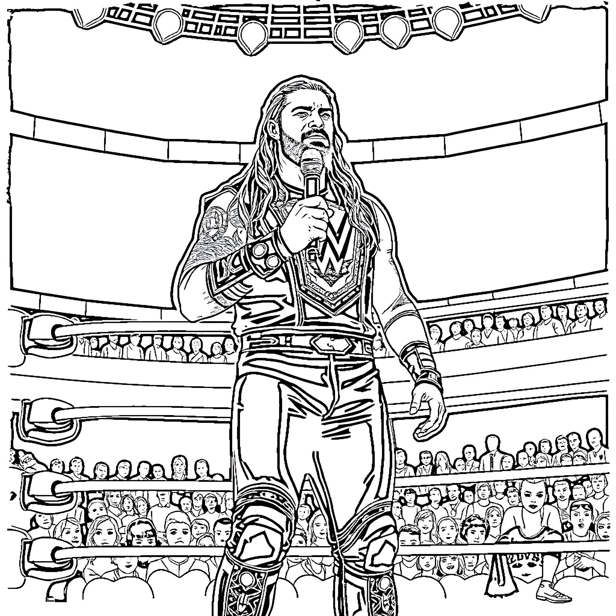 Roman Reigns commanding the stage in front of fans Coloring Page (free black-and-white line drawing printable PDF for all, from beginners to advanced learners, including children, teens, adults, and seniors)