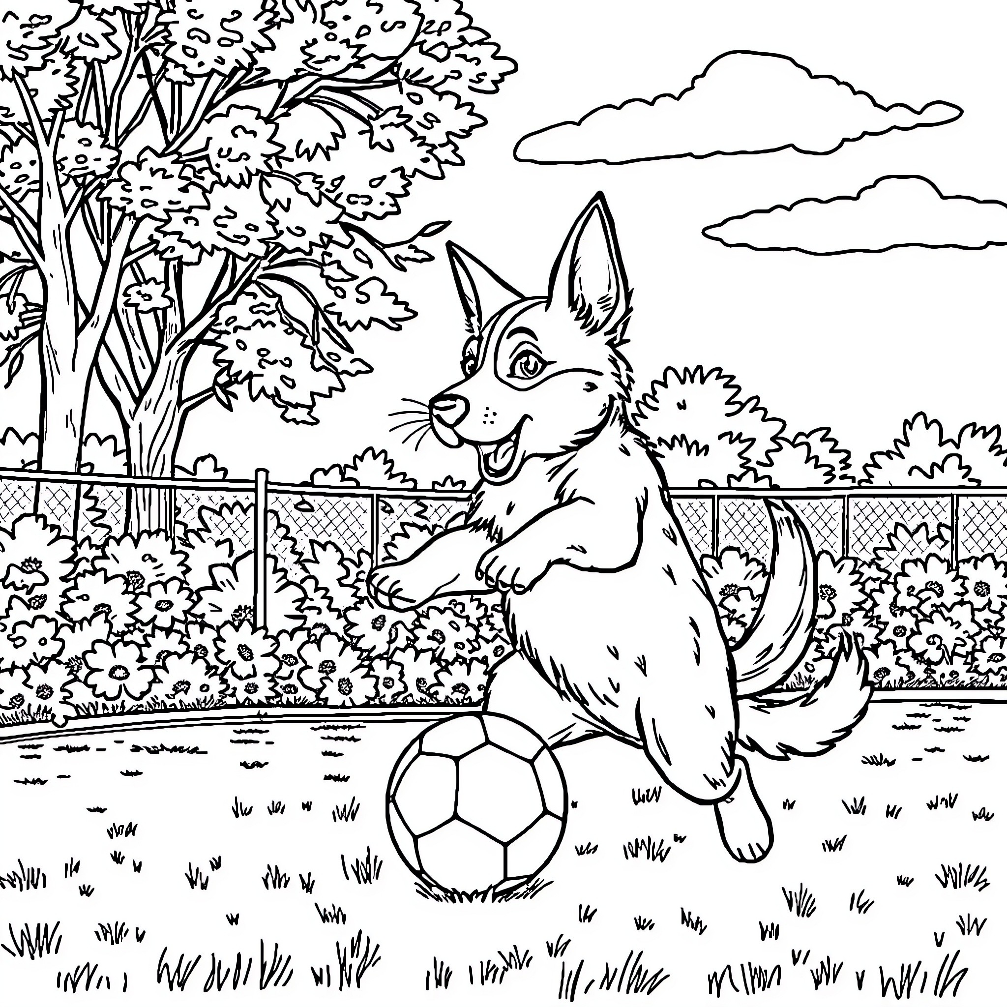 Dog playing with soccer ball in garden Coloring Page (free black-and-white line drawing printable PDF for all, from beginners to advanced learners, including children, teens, adults, and seniors)