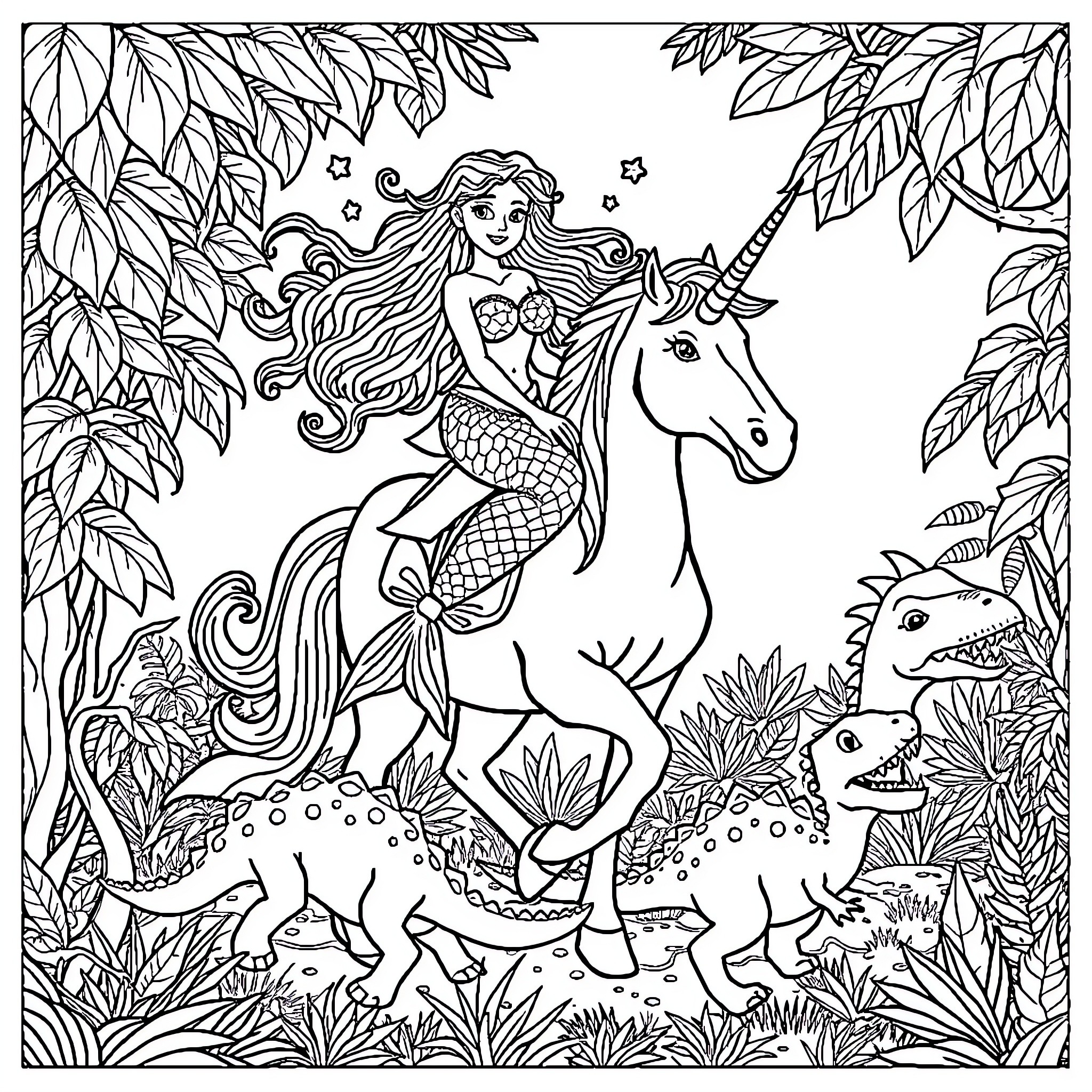 Mermaid riding a unicorn in a magical forest Coloring Page (free black-and-white line drawing printable PDF for all, from beginners to advanced learners, including children, teens, adults, and seniors)