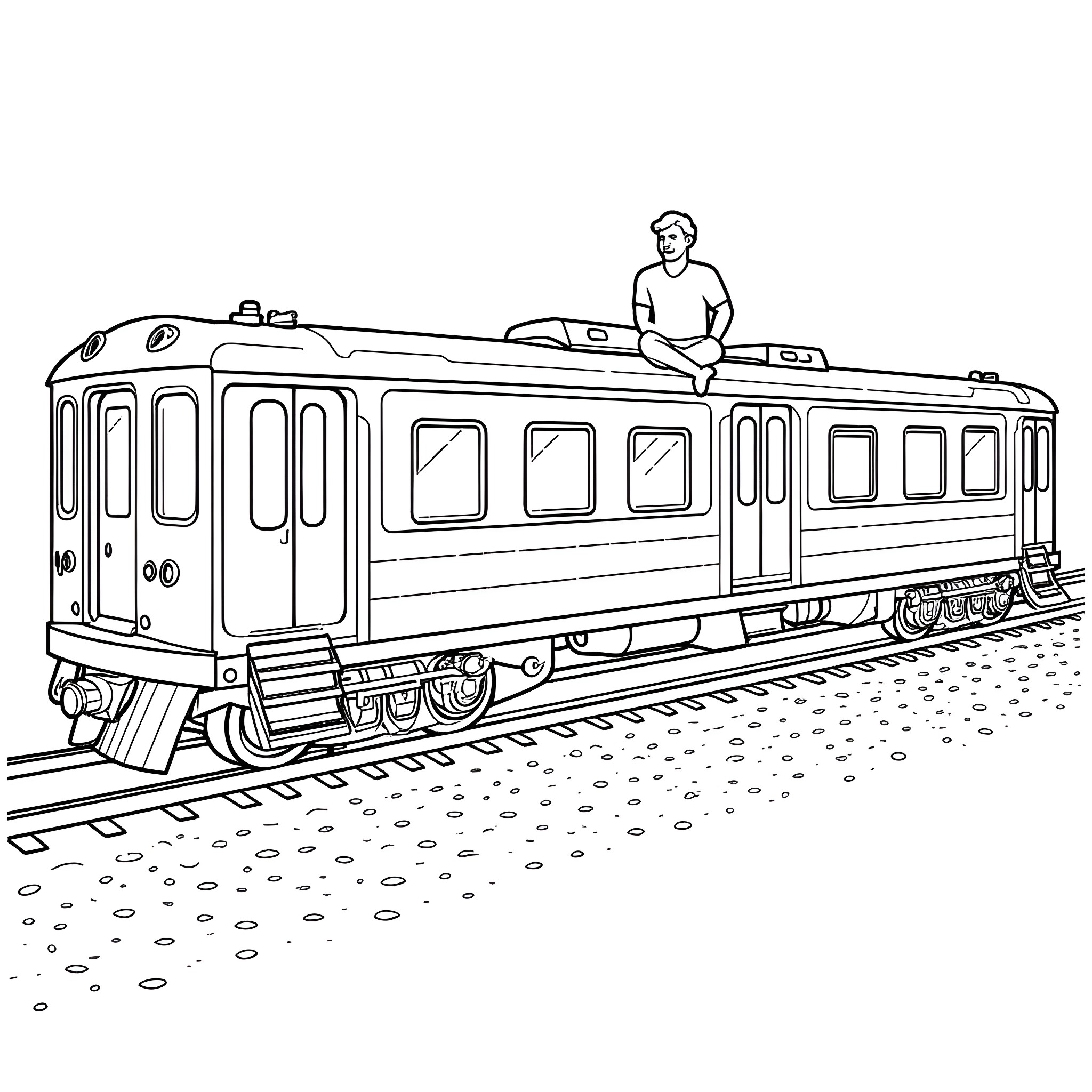 Hobo on a railway car in motion Coloring Page (free black-and-white line drawing printable PDF for all, from beginners to advanced learners, including children, teens, adults, and seniors)