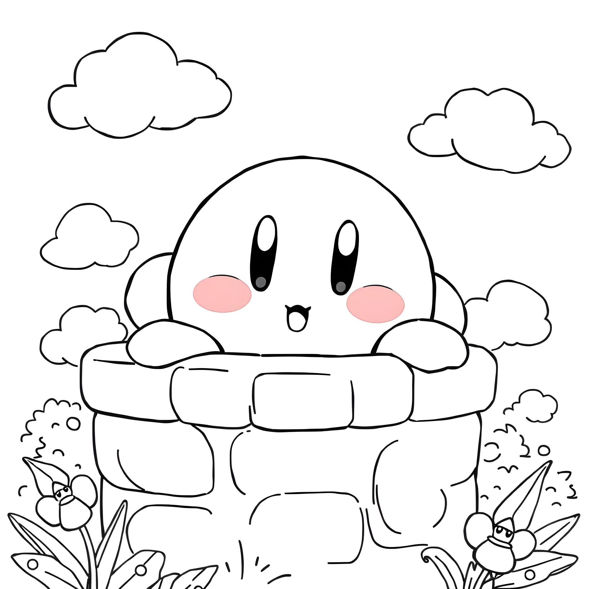 Kirby happily resting in the grassy field Coloring Page (free black-and-white line drawing printable PDF for all, from beginners to advanced learners, including children, teens, adults, and seniors)