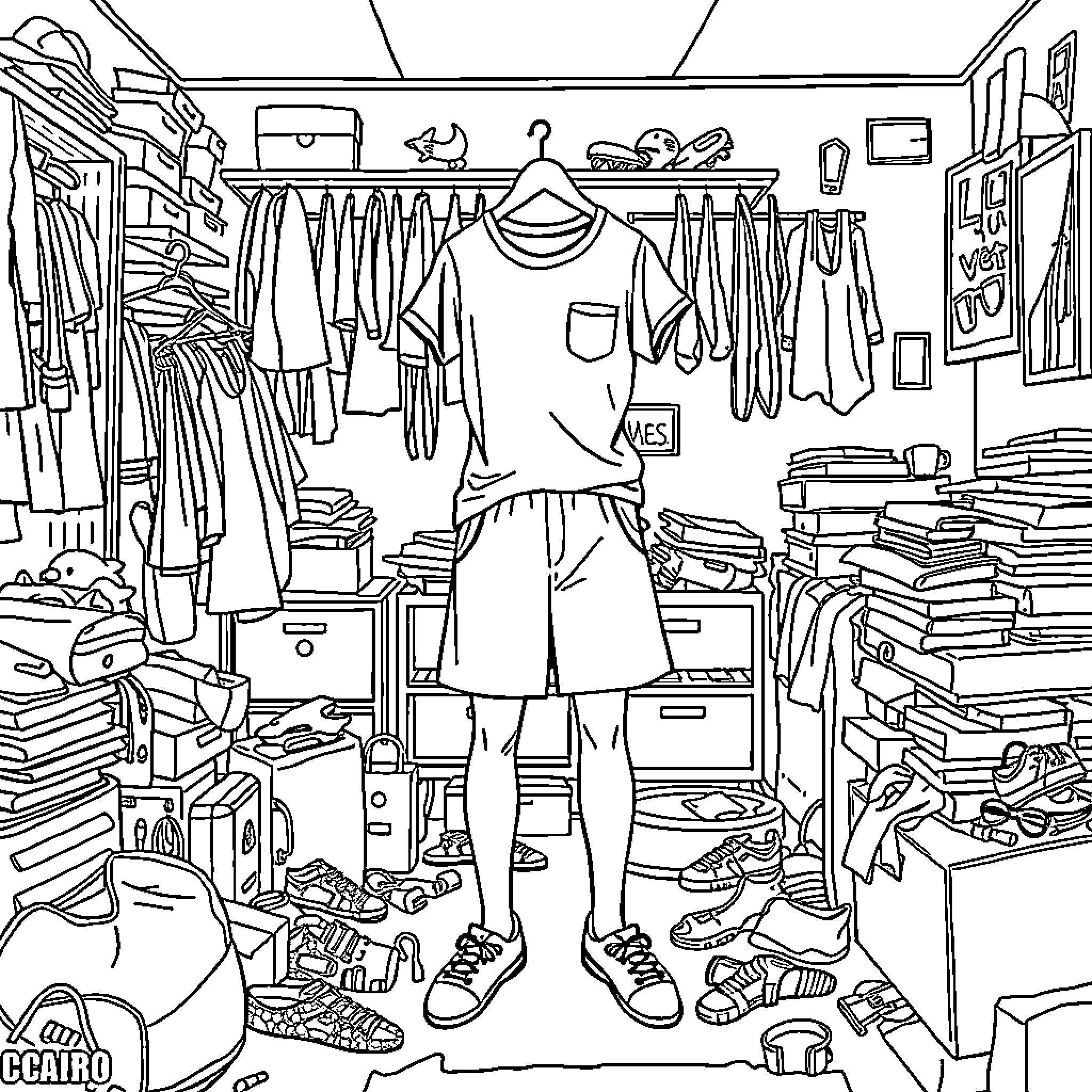 Clothing and accessories in a cluttered room Coloring Page (free black-and-white line drawing printable PDF for all, from beginners to advanced learners, including children, teens, adults, and seniors)