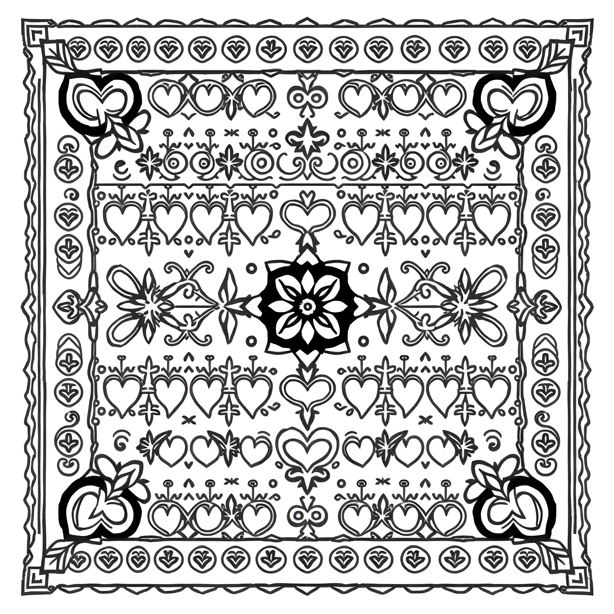Fair Isle Pattern with Intricate Floral and Heart Motifs Coloring Page (free black-and-white line drawing printable PDF for all, from beginners to advanced learners, including children, teens, adults, and seniors)