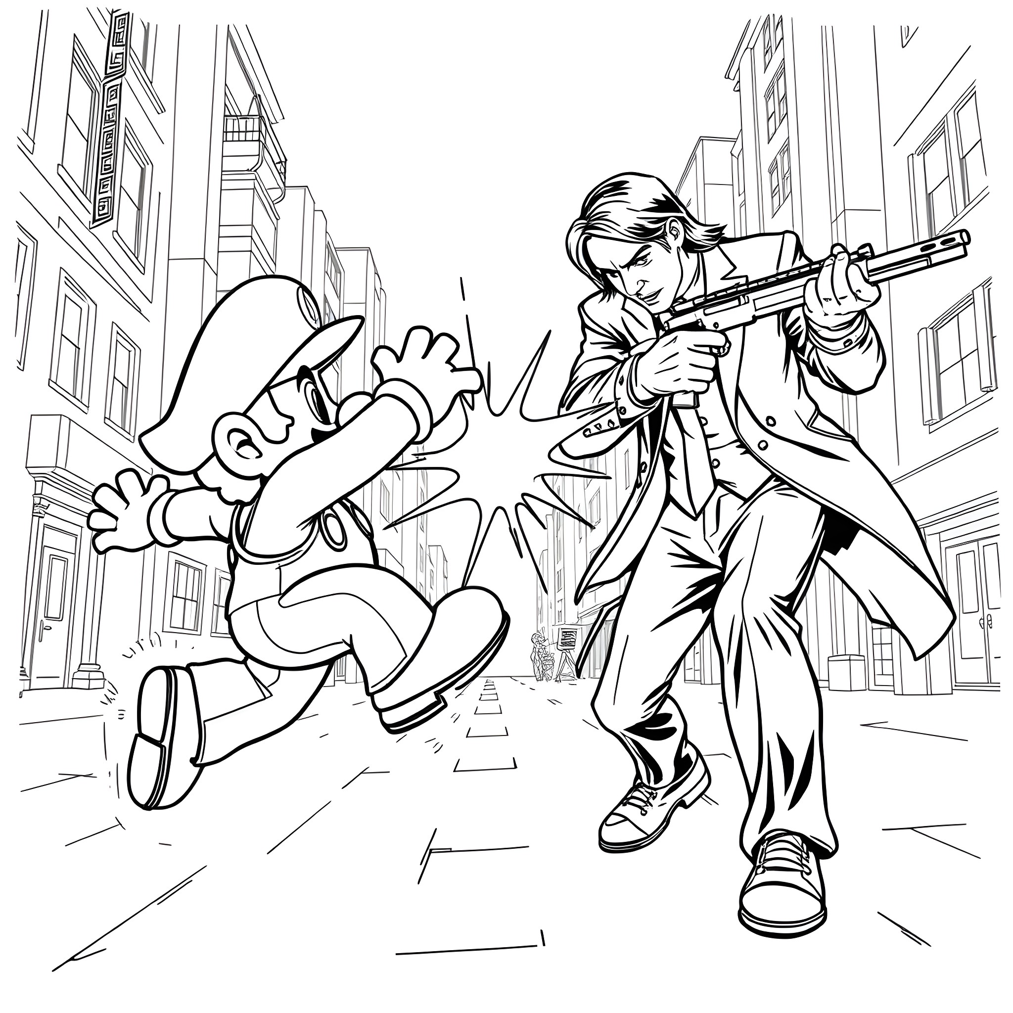 Mario's Urban Action Adventure Coloring Page (free black-and-white line drawing printable PDF for all, from beginners to advanced learners, including children, teens, adults, and seniors)