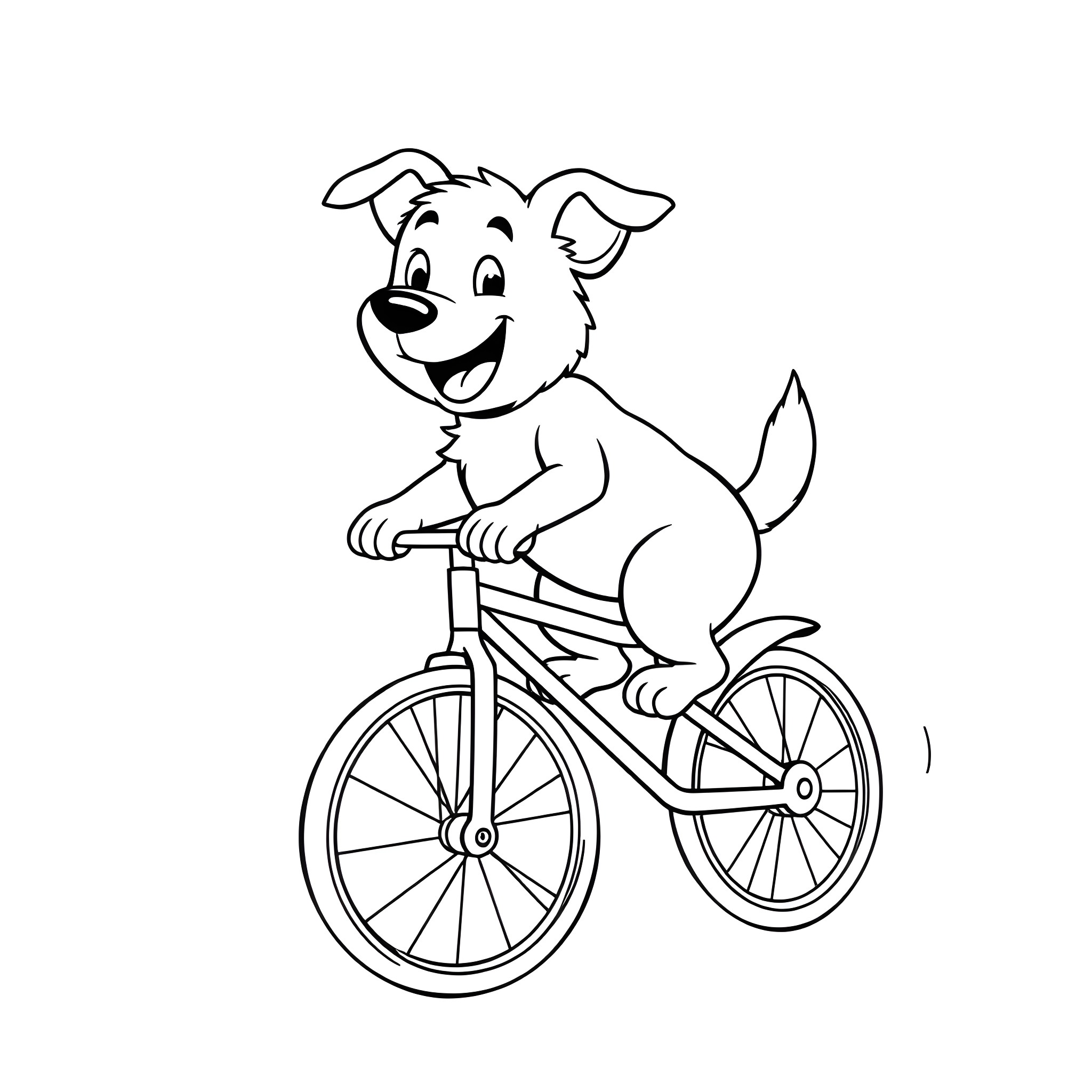 Dog riding a bicycle happily Coloring Page (free black-and-white line drawing printable PDF for all, from beginners to advanced learners, including children, teens, adults, and seniors)