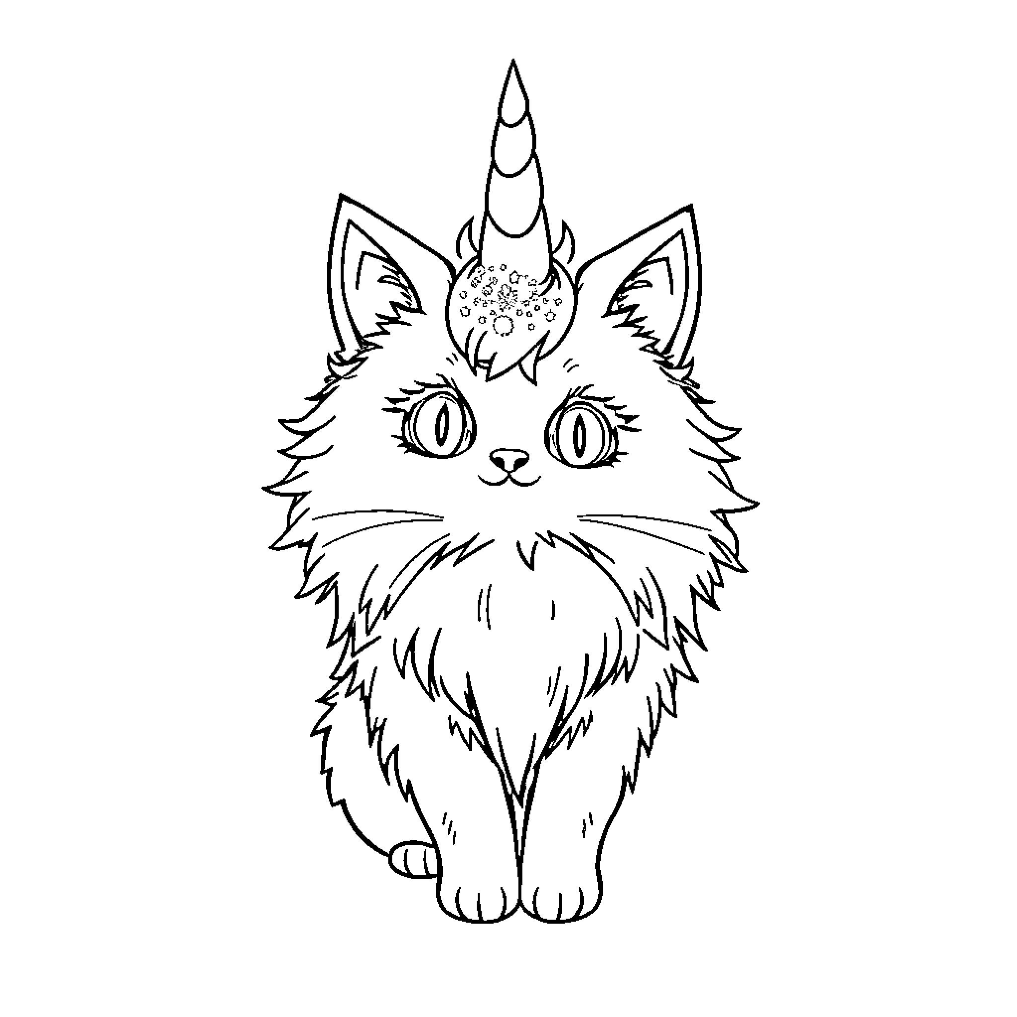 Cat with Unicorn Horn Costume Coloring Page (free black-and-white line drawing printable PDF for all, from beginners to advanced learners, including children, teens, adults, and seniors)