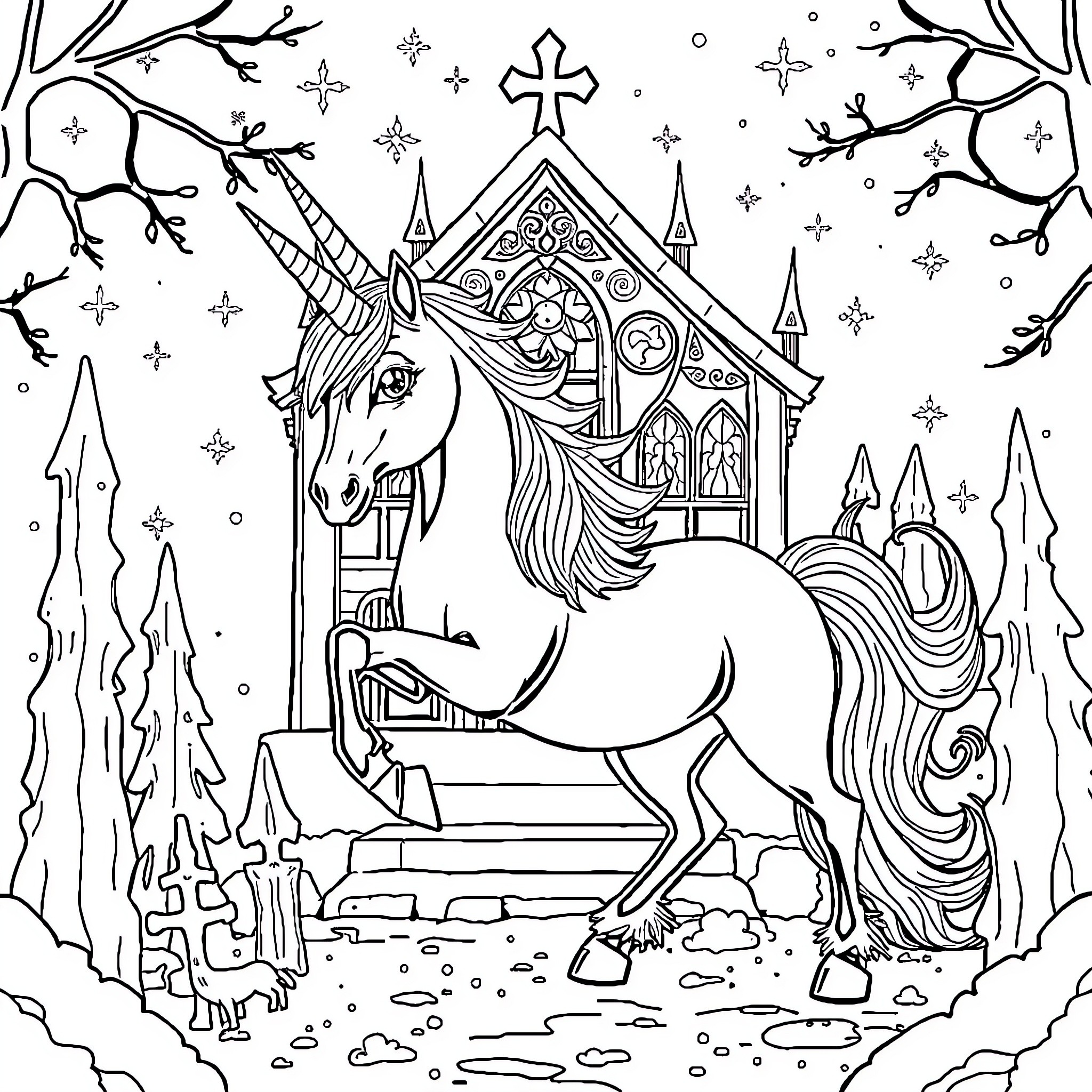 Unicorn in a Magical Fairy Tale Landscape Coloring Page (free black-and-white line drawing printable PDF for all, from beginners to advanced learners, including children, teens, adults, and seniors)