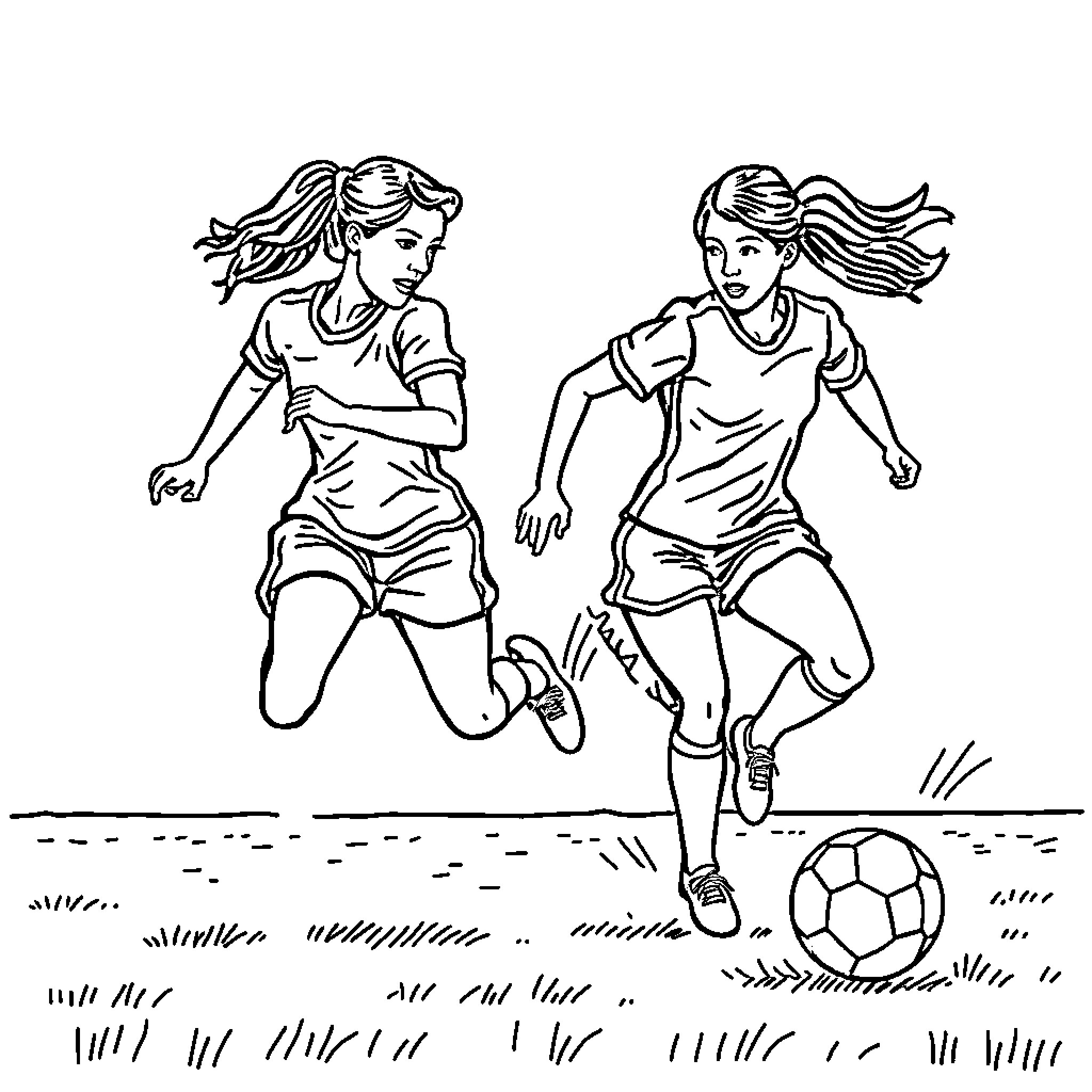 Soccer Players Competing Enthusiastically on the Field Coloring Page (free black-and-white line drawing printable PDF for all, from beginners to advanced learners, including children, teens, adults, and seniors)