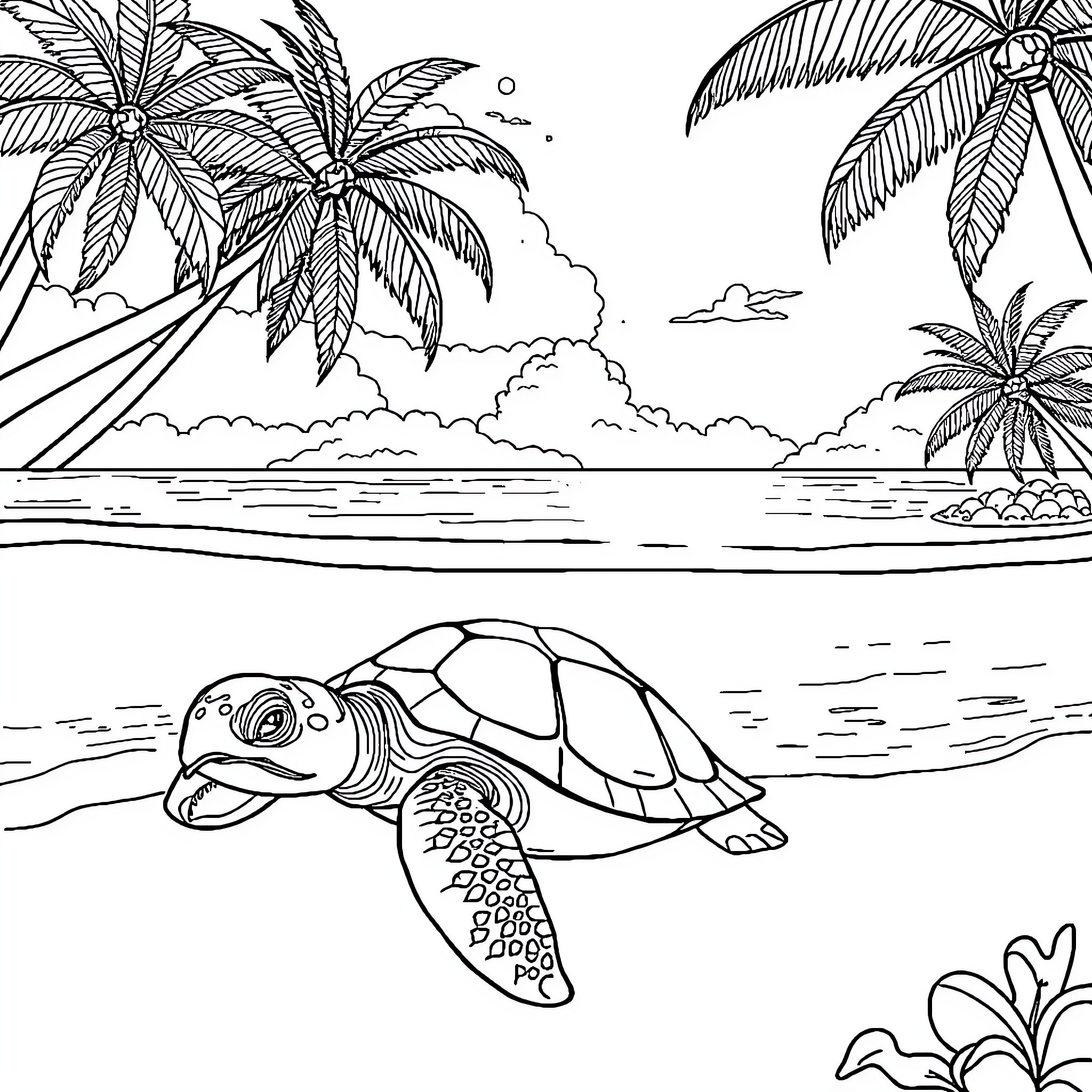 Turtle swimming in the tropical ocean Coloring Page (free black-and-white line drawing printable PDF for all, from beginners to advanced learners, including children, teens, adults, and seniors)