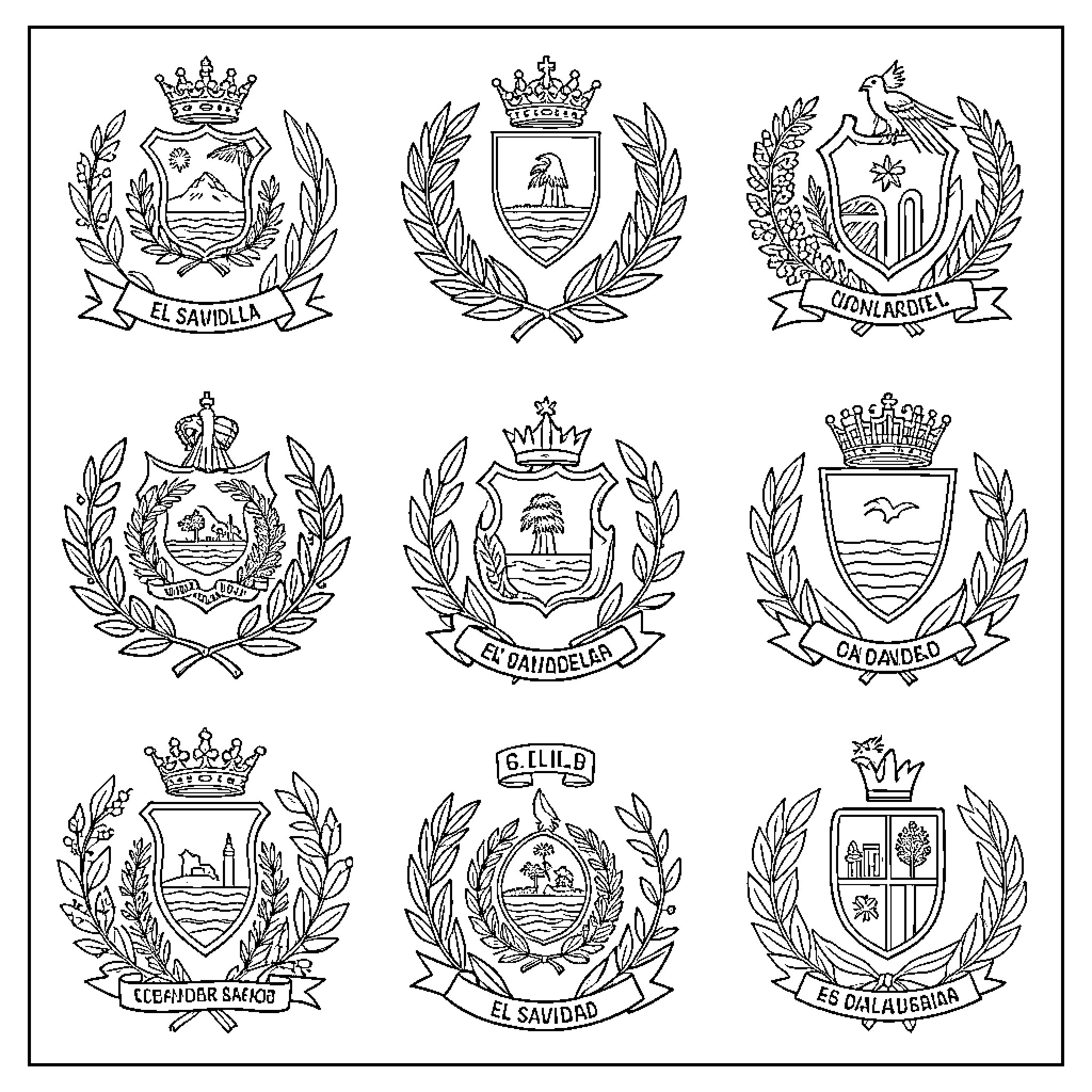 Symbols of El Salvador presented in various heraldic emblems Coloring Page (free black-and-white line drawing printable PDF for all, from beginners to advanced learners, including children, teens, adults, and seniors)