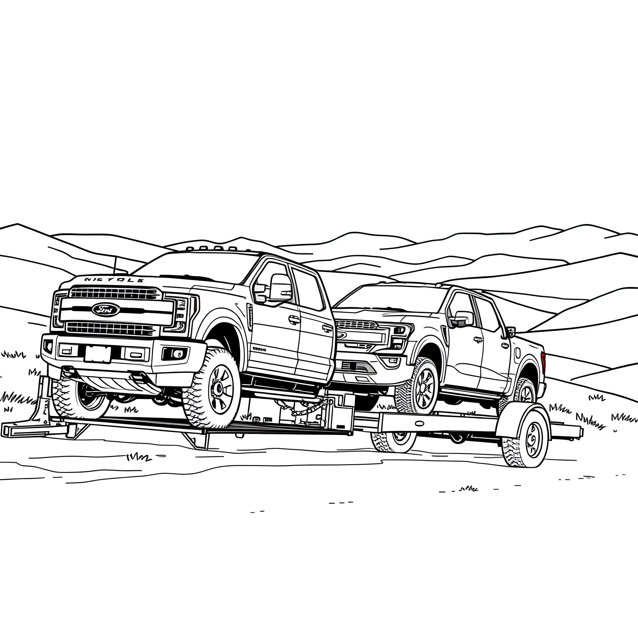 Truck Towing Powerful Off-Road Vehicles Coloring Page (free black-and-white line drawing printable PDF for all, from beginners to advanced learners, including children, teens, adults, and seniors)