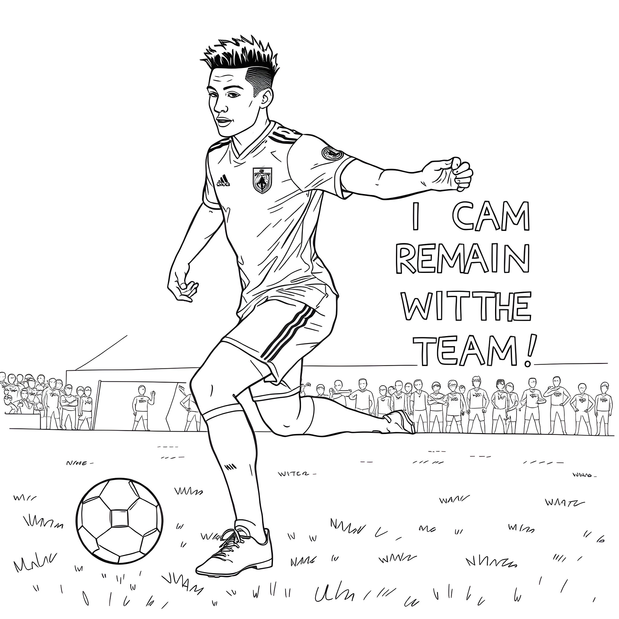 Osimhen rallying the team on the field Coloring Page (free black-and-white line drawing printable PDF for all, from beginners to advanced learners, including children, teens, adults, and seniors)