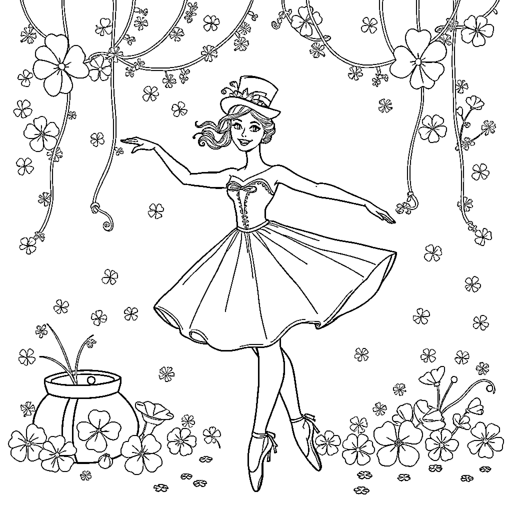 Ballerina gracefully dancing amidst floral arrangements Coloring Page (free black-and-white line drawing printable PDF for all, from beginners to advanced learners, including children, teens, adults, and seniors)