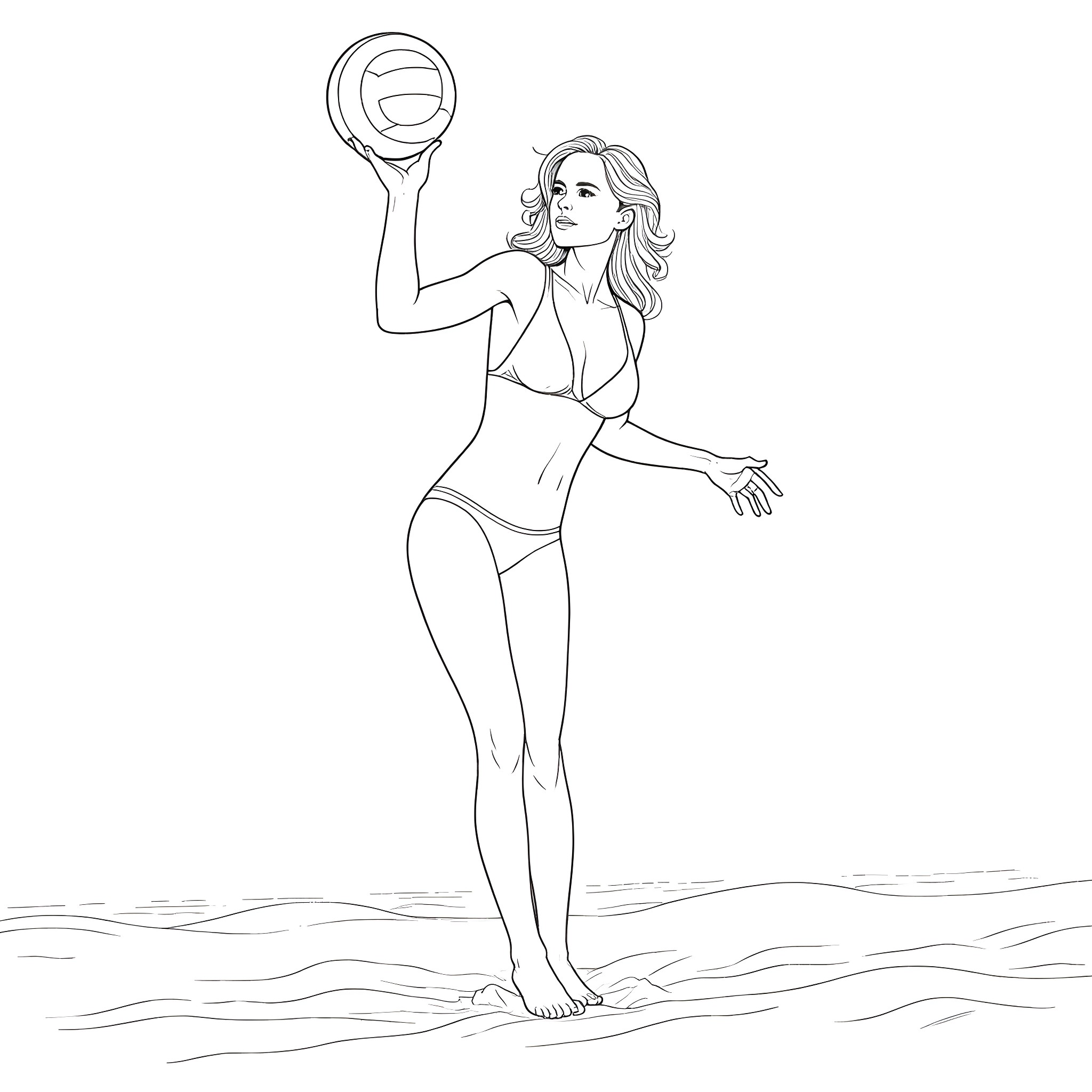 Pamela Anderson playing volleyball on the beach Coloring Page (free black-and-white line drawing printable PDF for all, from beginners to advanced learners, including children, teens, adults, and seniors)