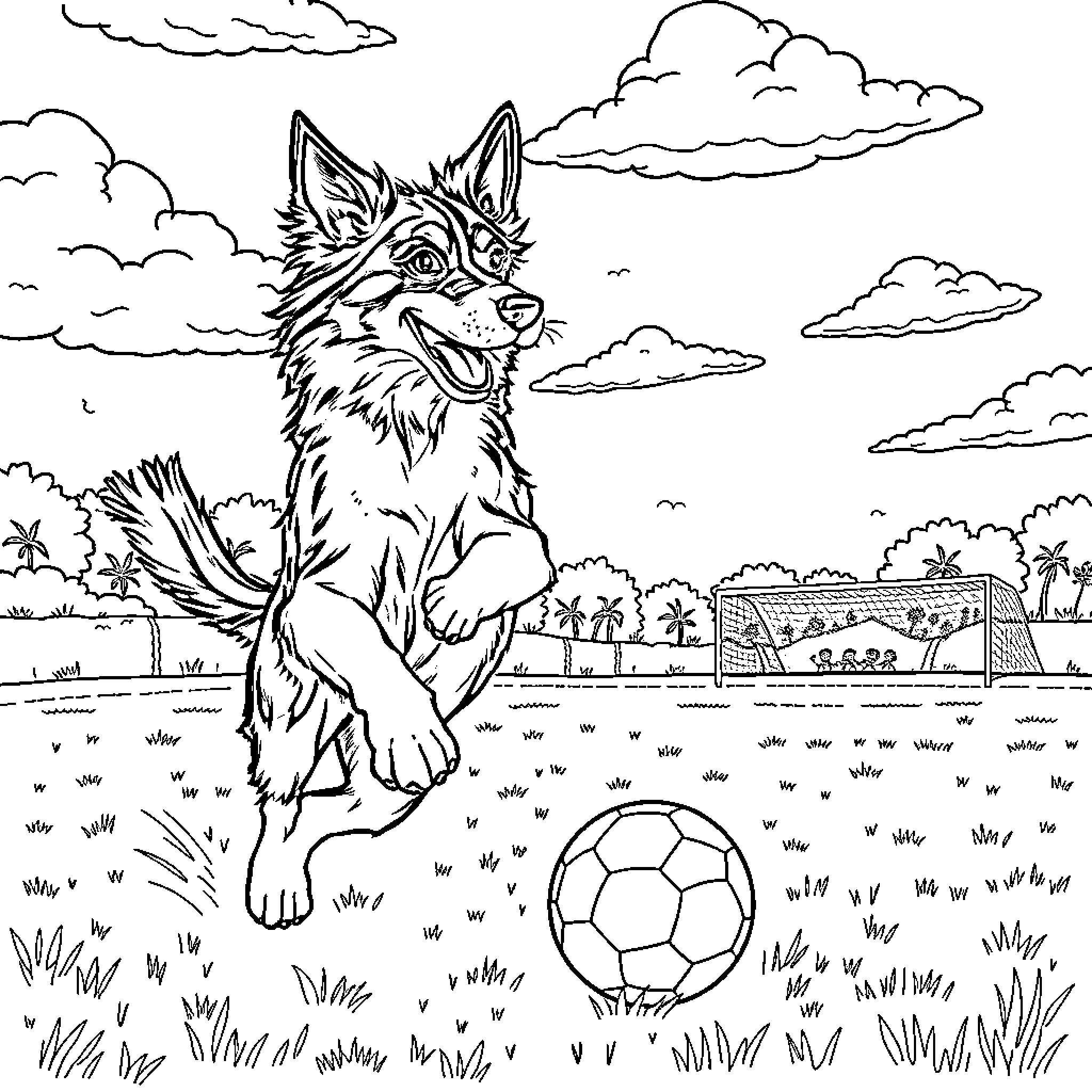 Chase the Playful Wolf on the Field Coloring Page (free black-and-white line drawing printable PDF for all, from beginners to advanced learners, including children, teens, adults, and seniors)