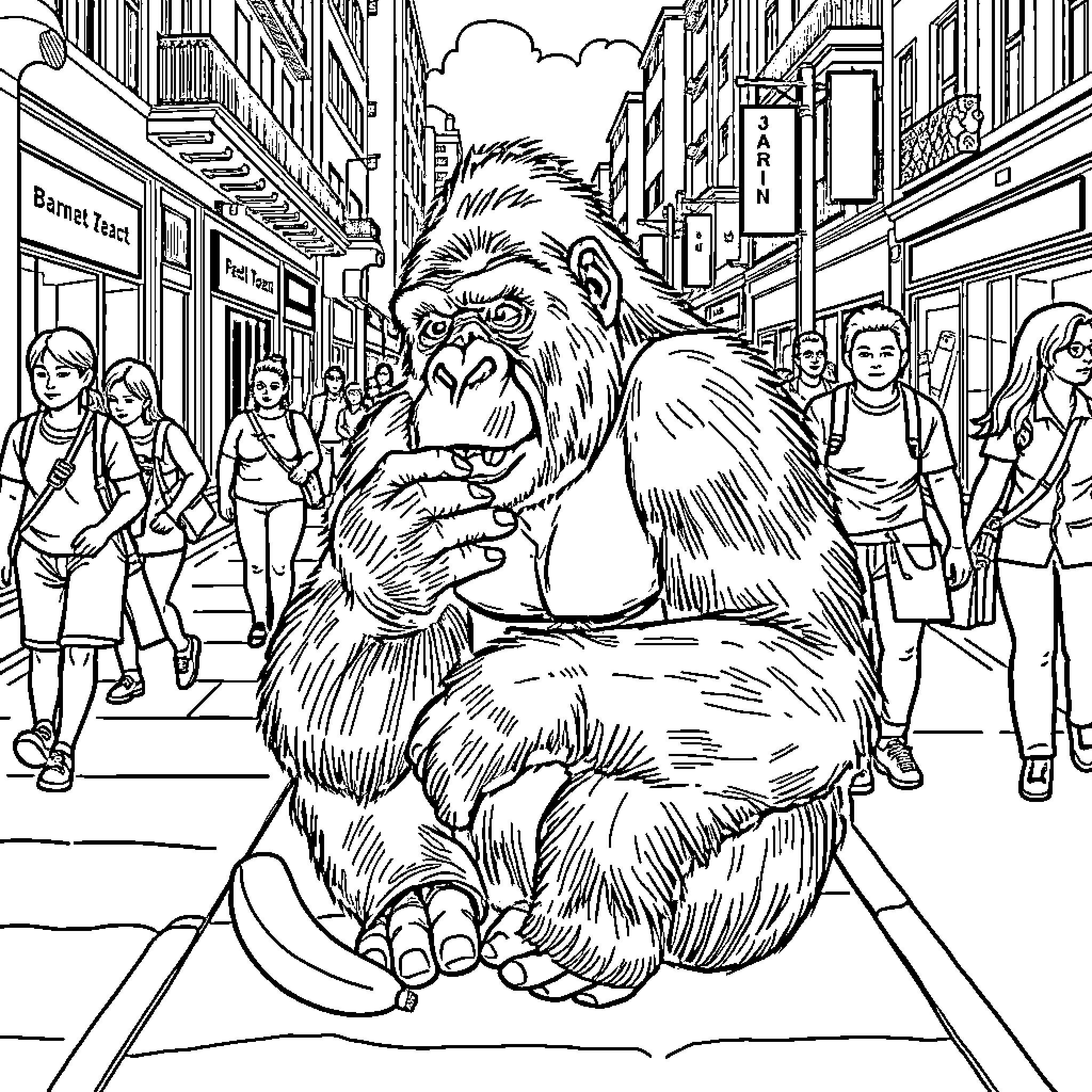 Gorilla resting on city street amidst pedestrians Coloring Page (free black-and-white line drawing printable PDF for all, from beginners to advanced learners, including children, teens, adults, and seniors)