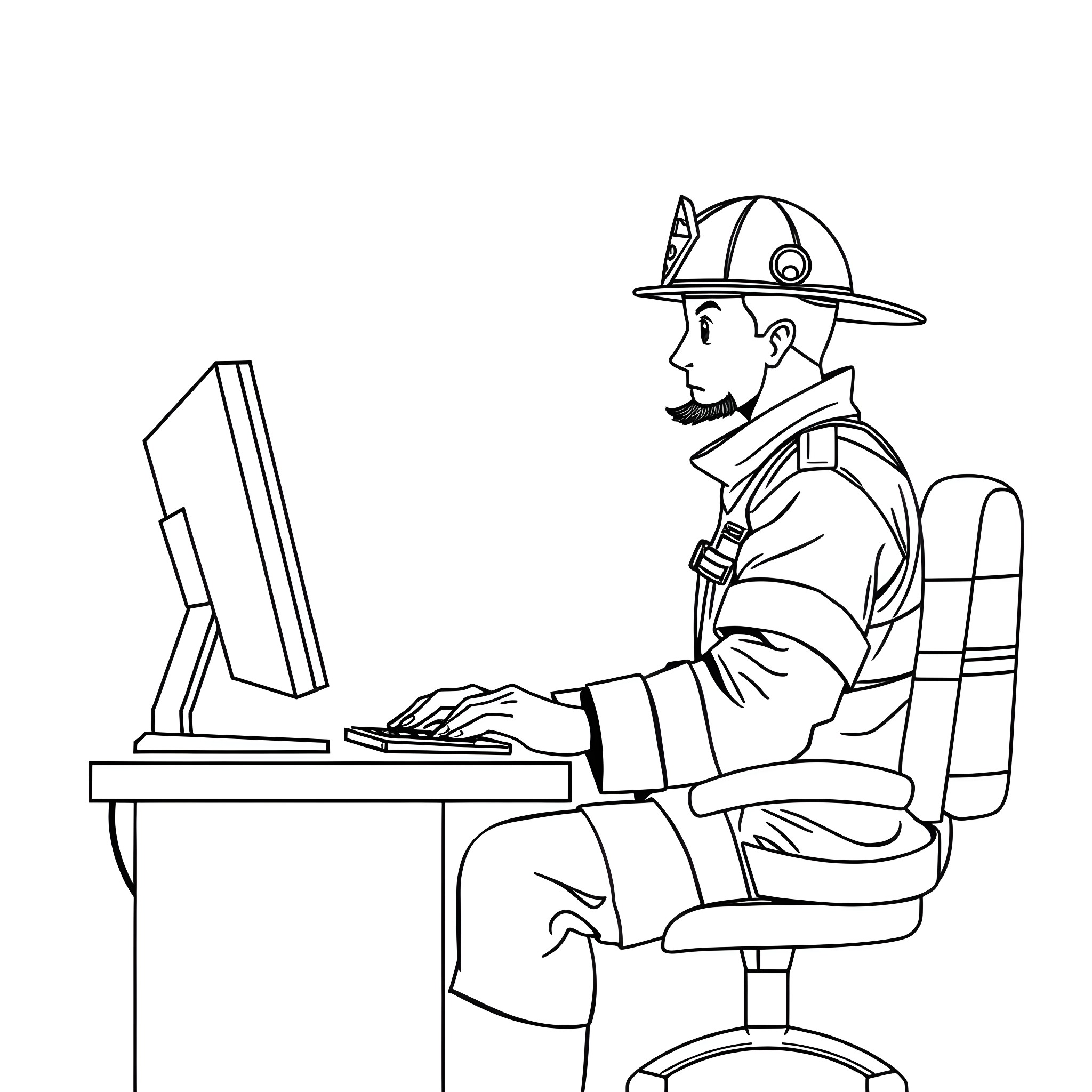 Firefighter working diligently on a computer Coloring Page (free black-and-white line drawing printable PDF for all, from beginners to advanced learners, including children, teens, adults, and seniors)