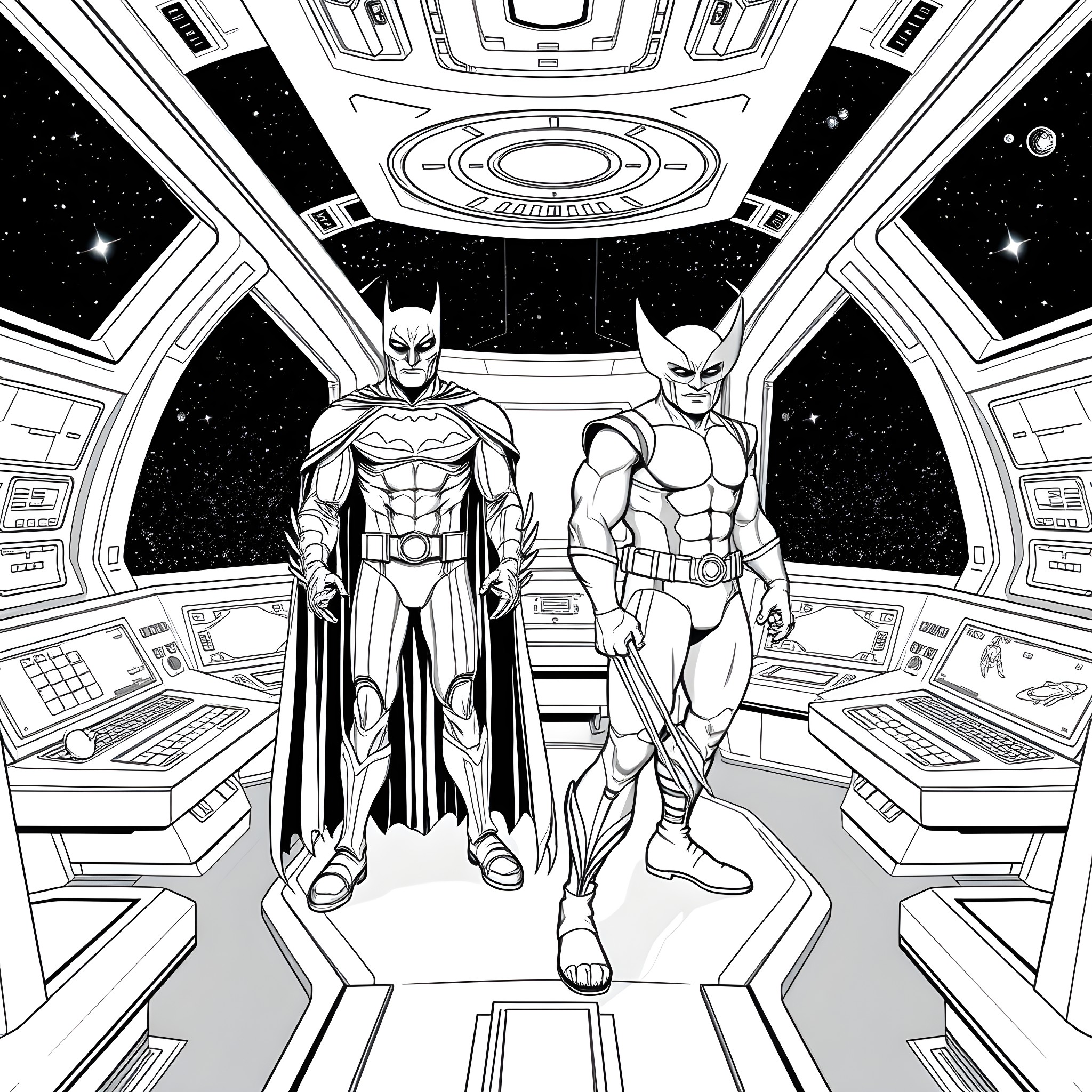 Batman and Wolverine in a futuristic space station Coloring Page (free black-and-white line drawing printable PDF for all, from beginners to advanced learners, including children, teens, adults, and seniors)