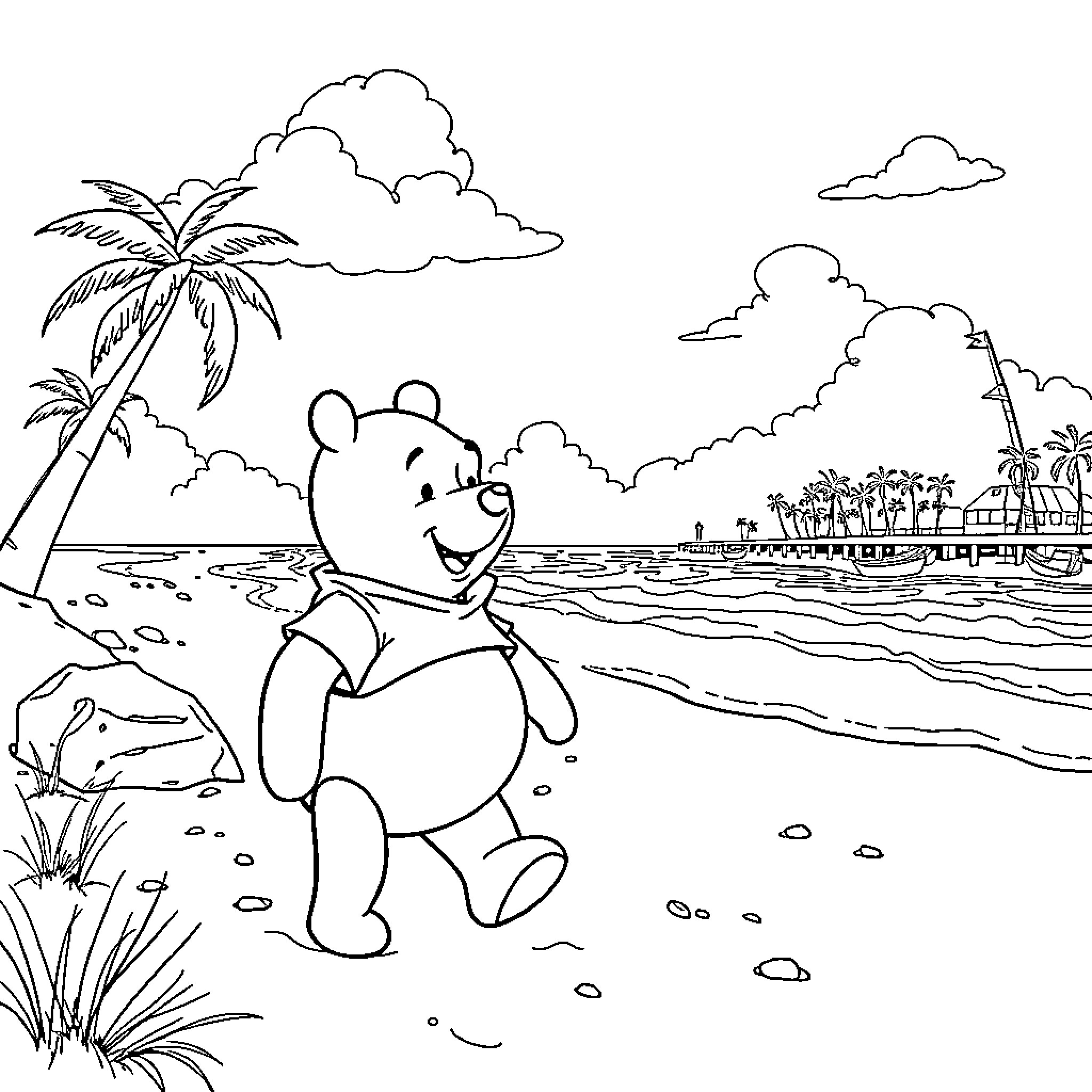 Winnie The Pooh playing happily on the beach Coloring Page (free black-and-white line drawing printable PDF for all, from beginners to advanced learners, including children, teens, adults, and seniors)