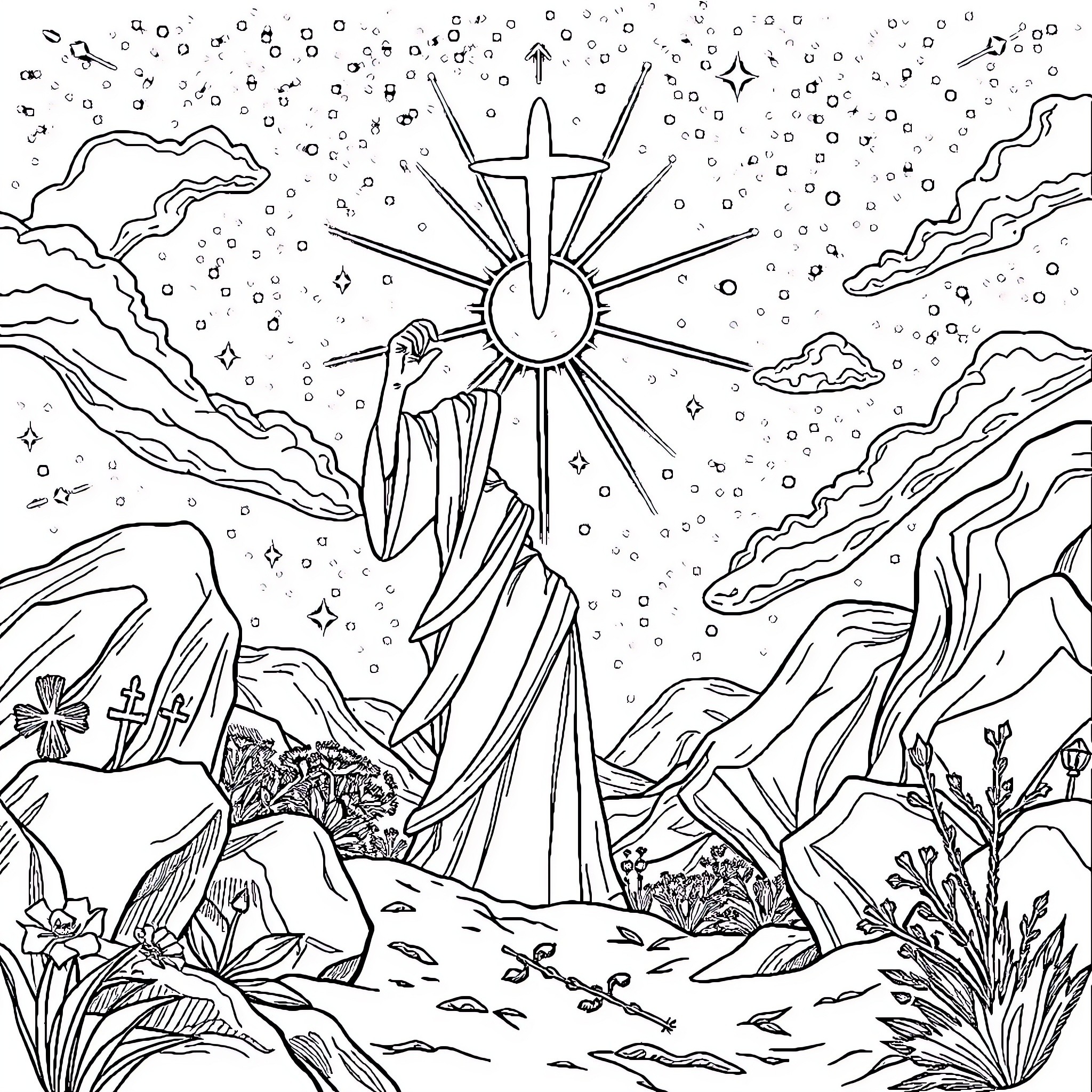 Refuge in the Celestial Wilderness Coloring Page (free black-and-white line drawing printable PDF for all, from beginners to advanced learners, including children, teens, adults, and seniors)