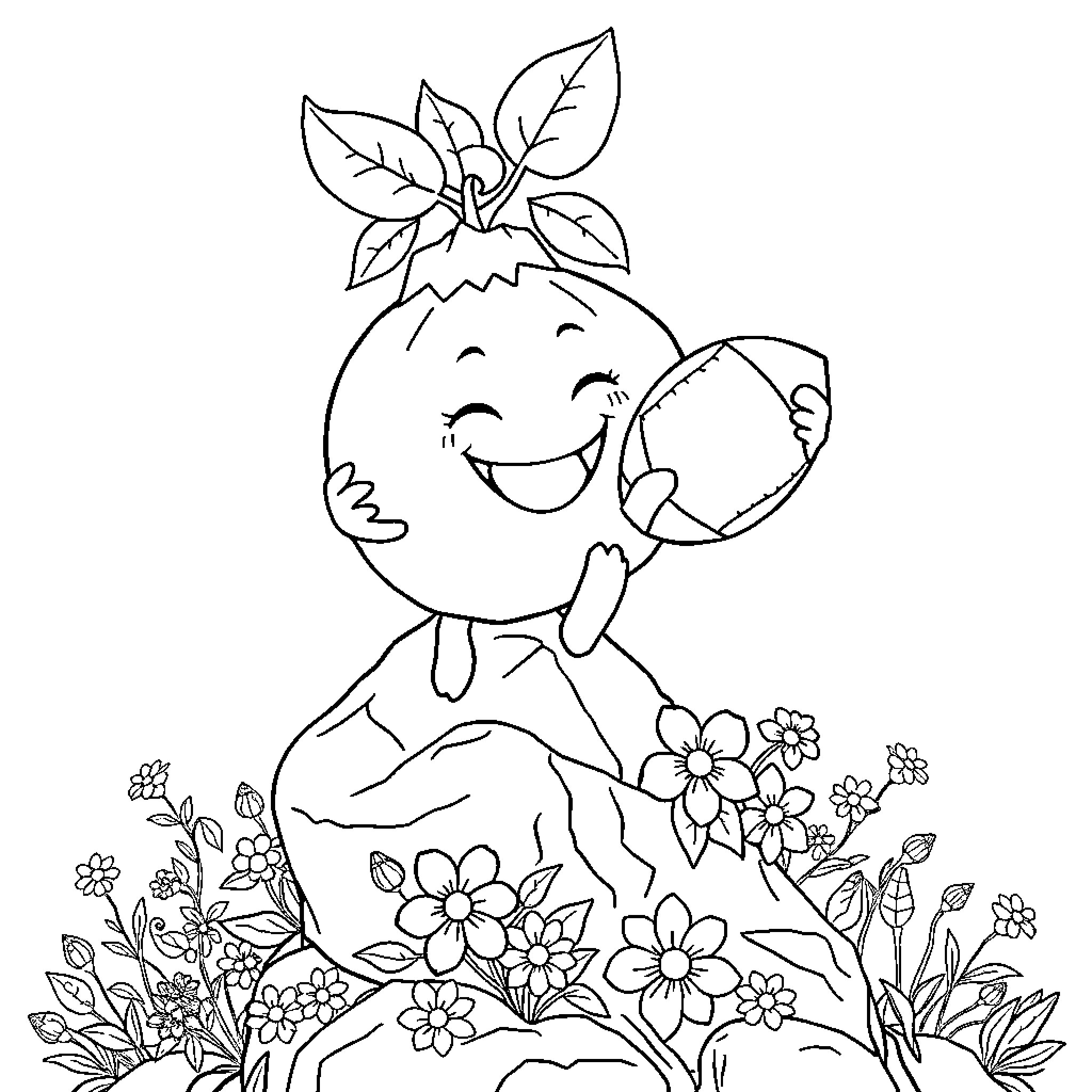 Pomegranate Seed exploring a floral garden Coloring Page (free black-and-white line drawing printable PDF for all, from beginners to advanced learners, including children, teens, adults, and seniors)