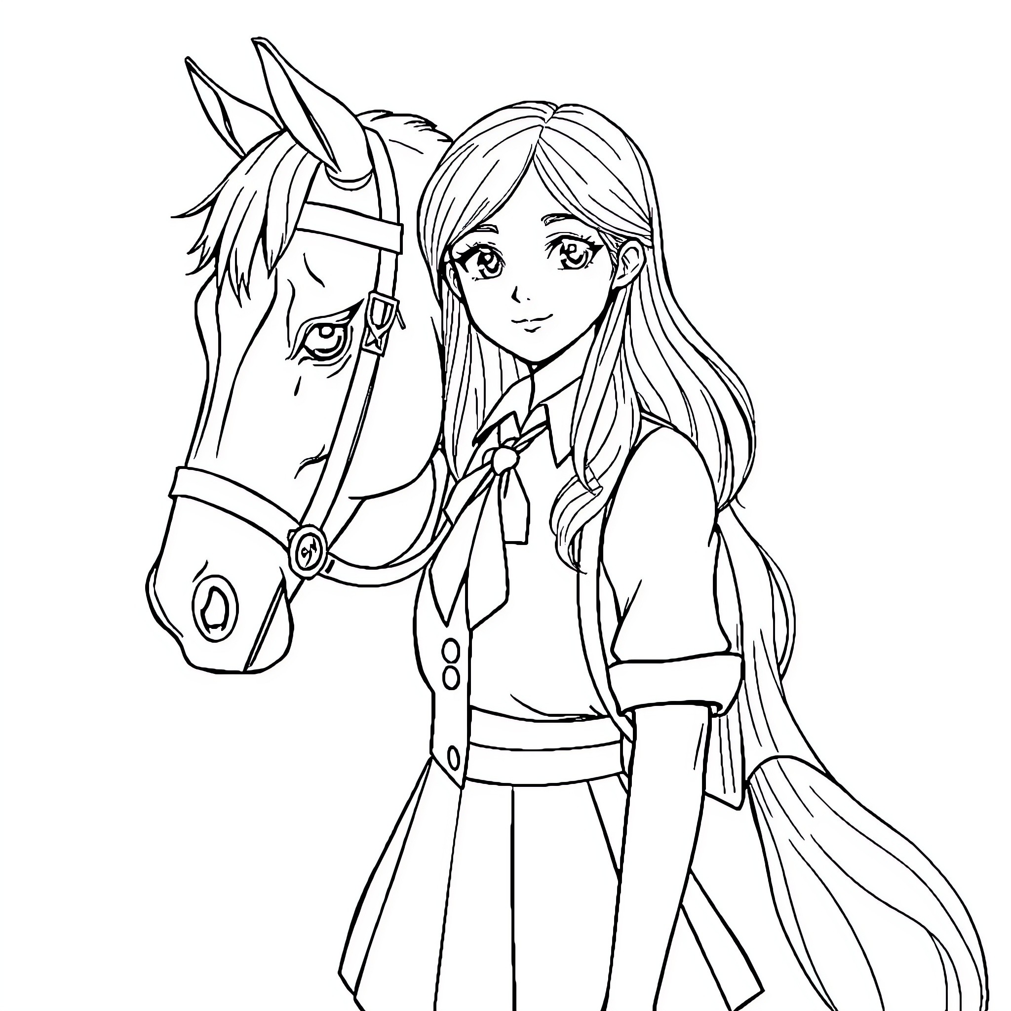 Uniform-clad Girl with Equine Companion Coloring Page (free black-and-white line drawing printable PDF for all, from beginners to advanced learners, including children, teens, adults, and seniors)