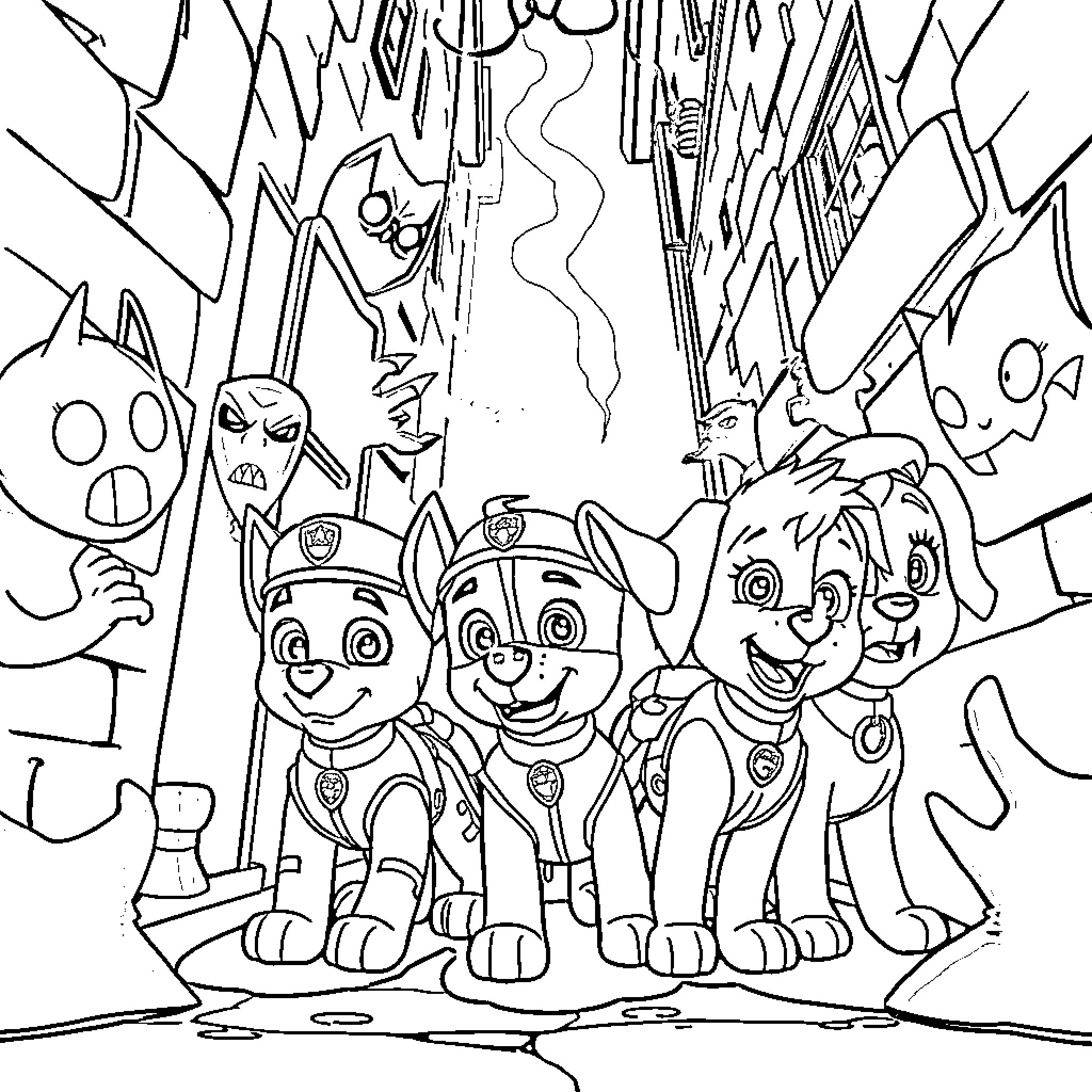 Paw Patrol heroes on a mission Coloring Page (free black-and-white line drawing printable PDF for all, from beginners to advanced learners, including children, teens, adults, and seniors)