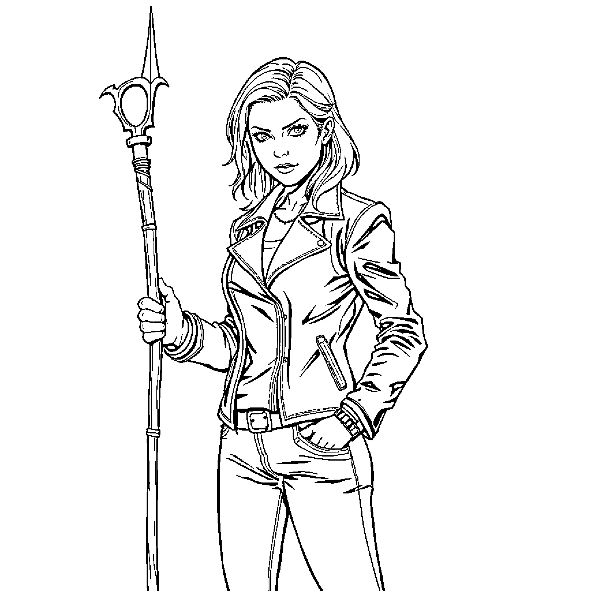 Buffy the Vampire Slayer in Action Pose Coloring Page (free black-and-white line drawing printable PDF for all, from beginners to advanced learners, including children, teens, adults, and seniors)