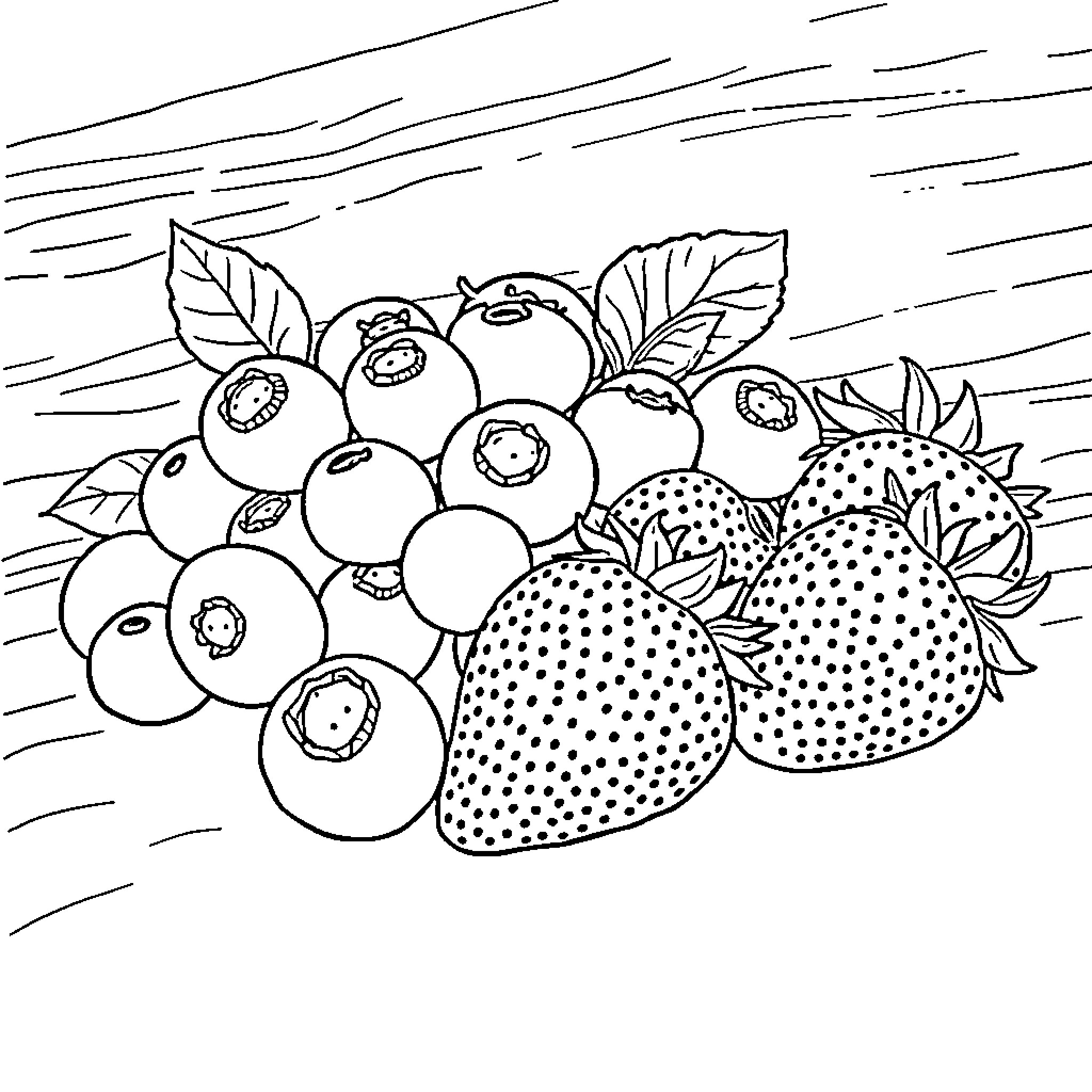 Berry Bounty of Fruits and Berries Coloring Page (free black-and-white line drawing printable PDF for all, from beginners to advanced learners, including children, teens, adults, and seniors)