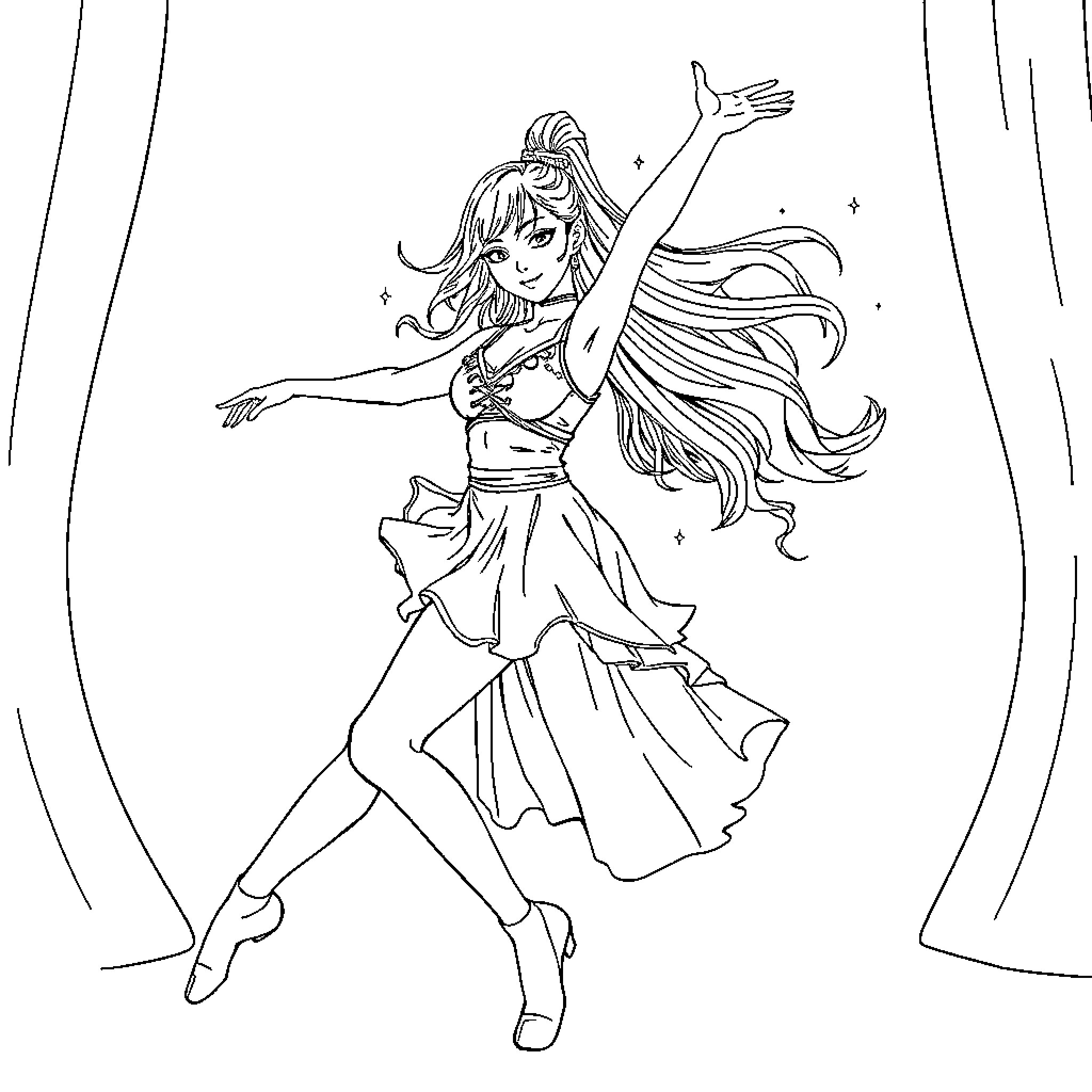K Pop Dancer Performing on Stage with Flowing Outfit Coloring Page (free black-and-white line drawing printable PDF for all, from beginners to advanced learners, including children, teens, adults, and seniors)